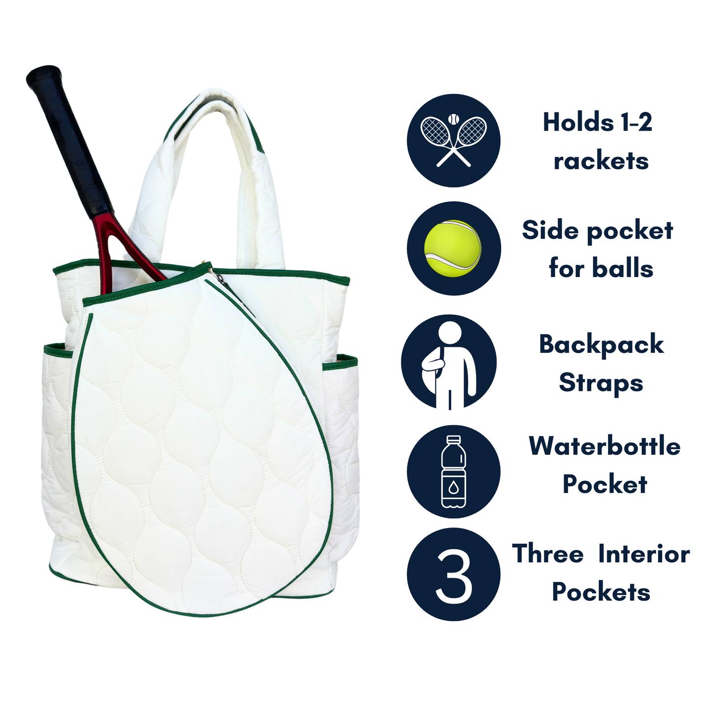 The Queen of the Court Park Ave Tennis Convertible Bag/Backpack is shown in white with green trim, holding a racket. Features: holds 1-2 rackets, side ball pocket, backpack straps, water bottle holder, and three interior pockets.