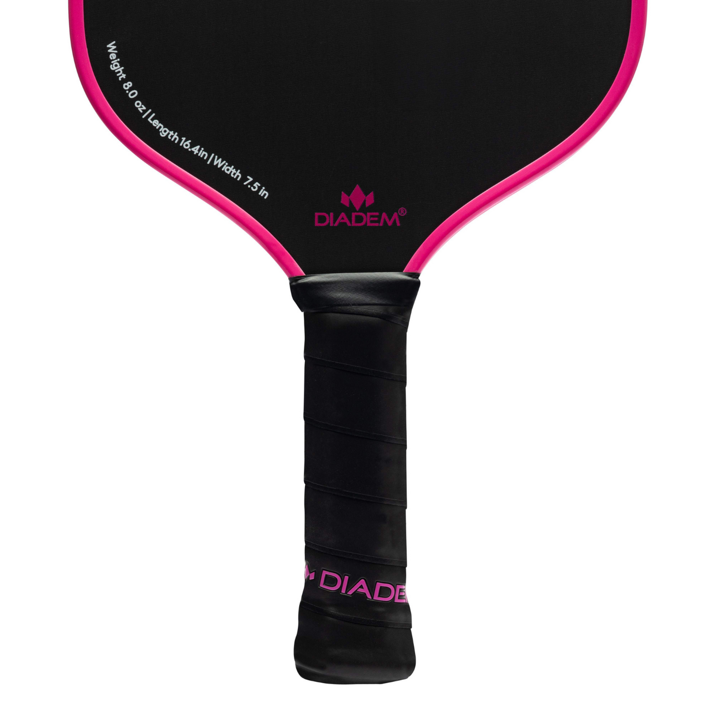 A close-up of the Diadem Sports Warrior Edge USAPA approved black pickleball paddle with pink edging, featuring a pink lotus logo, etched carbon face, black grip tape handle, and white specs along the side.