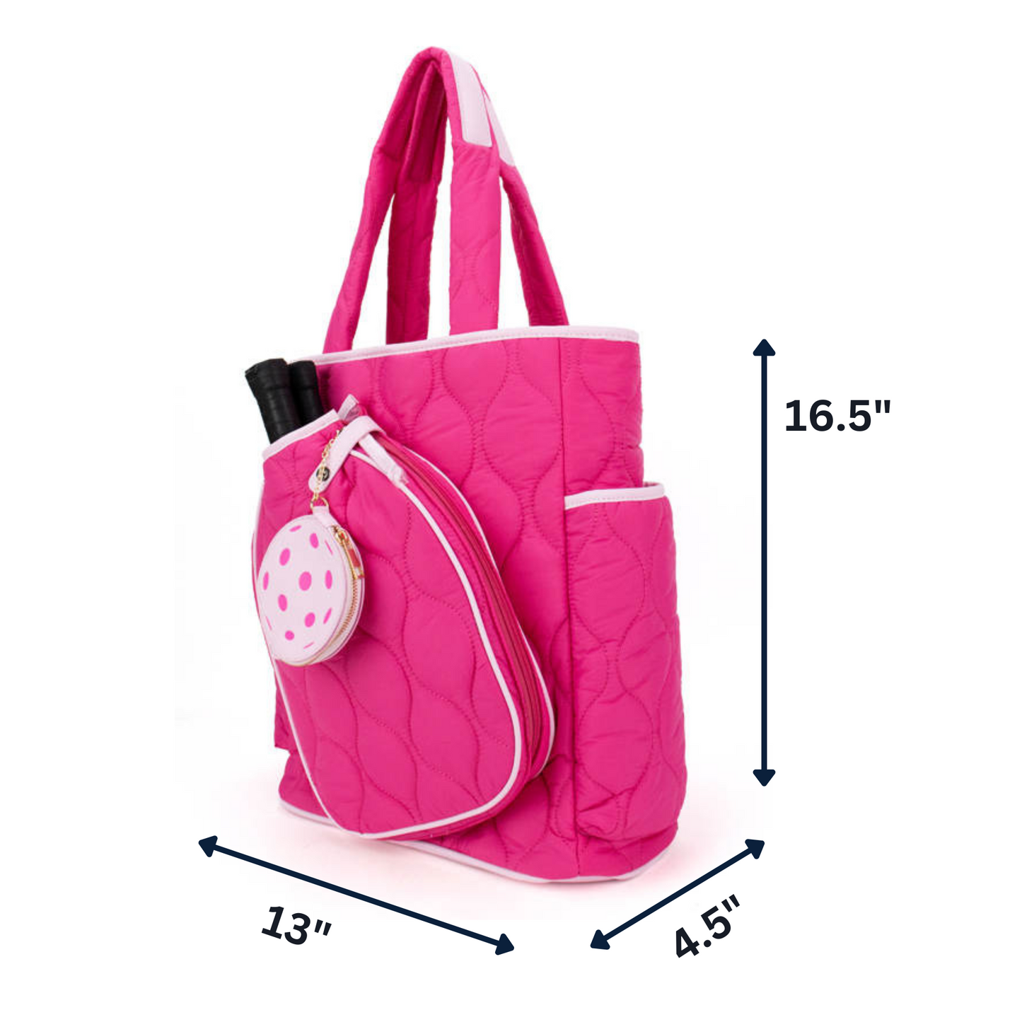The Queen of the Court Fifth Ave Pickleball Convertible Tote Bag/Backpack in pink carries your gear in style and fits a tennis racket and paddle.