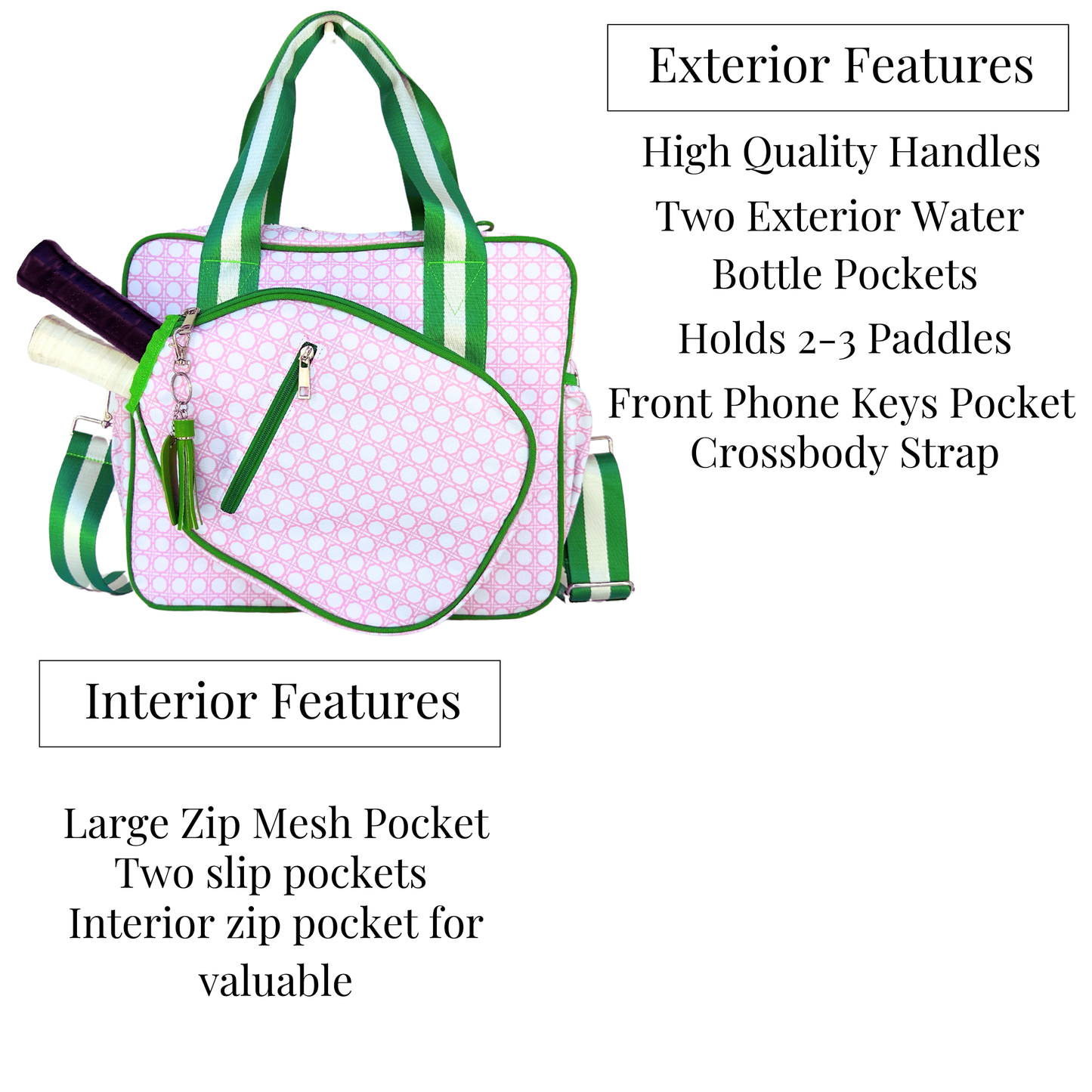 The Queen of the Court Prepster Pickleball Bag is shown in pink and white with green accents and straps. It features multiple zippered and mesh pockets, side paddle holders for two paddles, and high-quality handles for easy carrying.