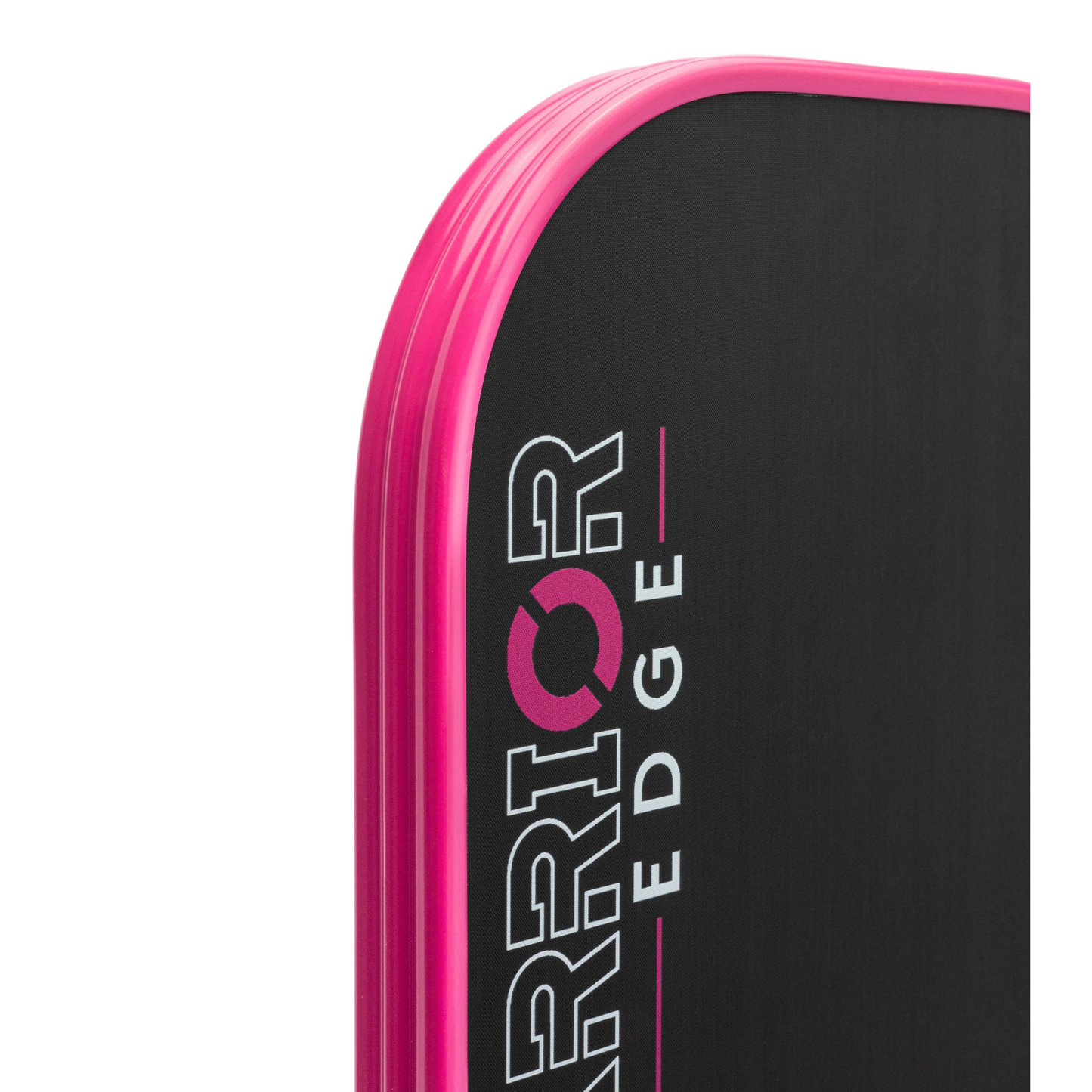 Close-up of the Diadem Sports Warrior Edge paddle’s rounded, bright pink edge and black surface featuring “WARRIOR” and “EDGE.” The USAPA-approved, etched carbon face delivers a sleek look and top performance.