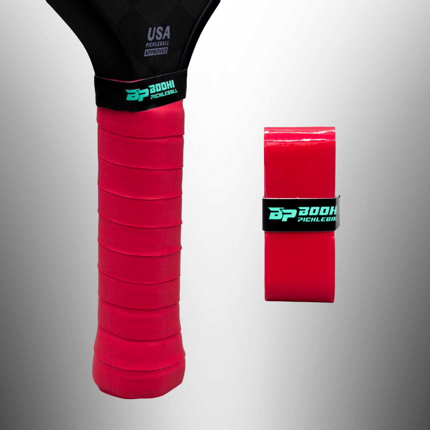 A close-up of a black paddle handle wrapped in bright red PROtack™ Premium Pickleball Overgrips from Bodhi Performance, with a separate roll of the same tacky grip shown beside it on a gray gradient background.