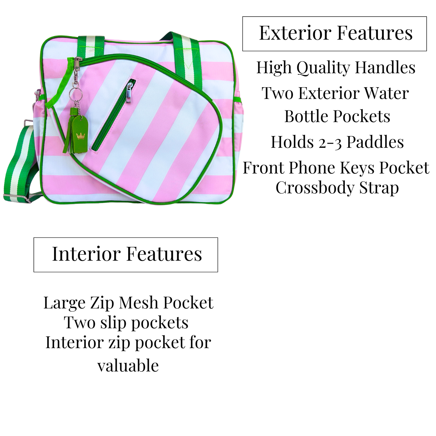 The Queen of the Court Prepster Pickleball Bag features pink and white stripes with green trim, fits 2-3 paddles, has two water bottle pockets, a front pocket, crossbody strap, and spacious interior zip and slip pockets.