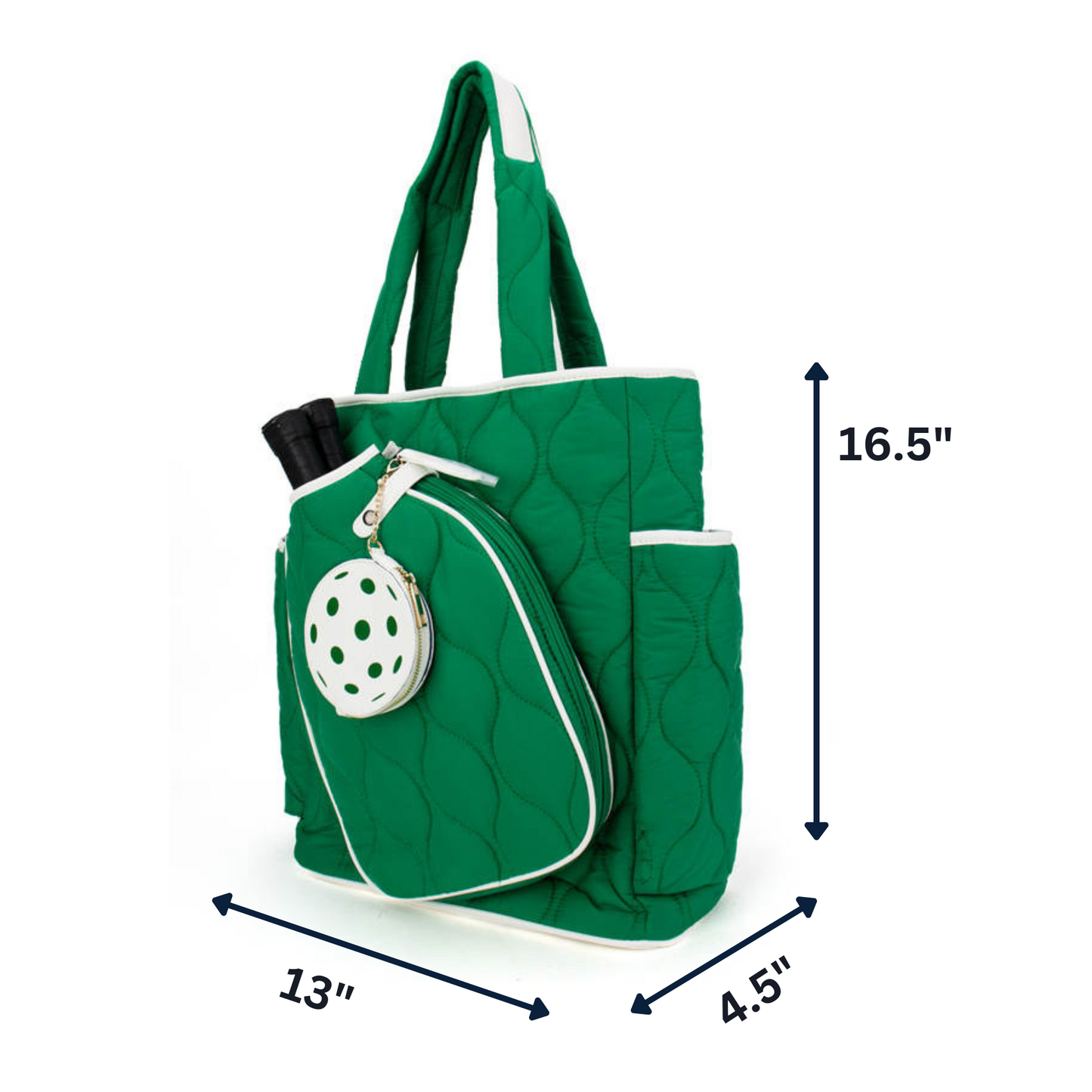 The Queen of the Court Fifth Ave Pickleball Convertible Tote Bag/Backpack in green with white trim has two top handles, an outer pocket with black items, a round branded pouch, a side pocket, and measures 16.5"H x 13"W x 4.5"D.