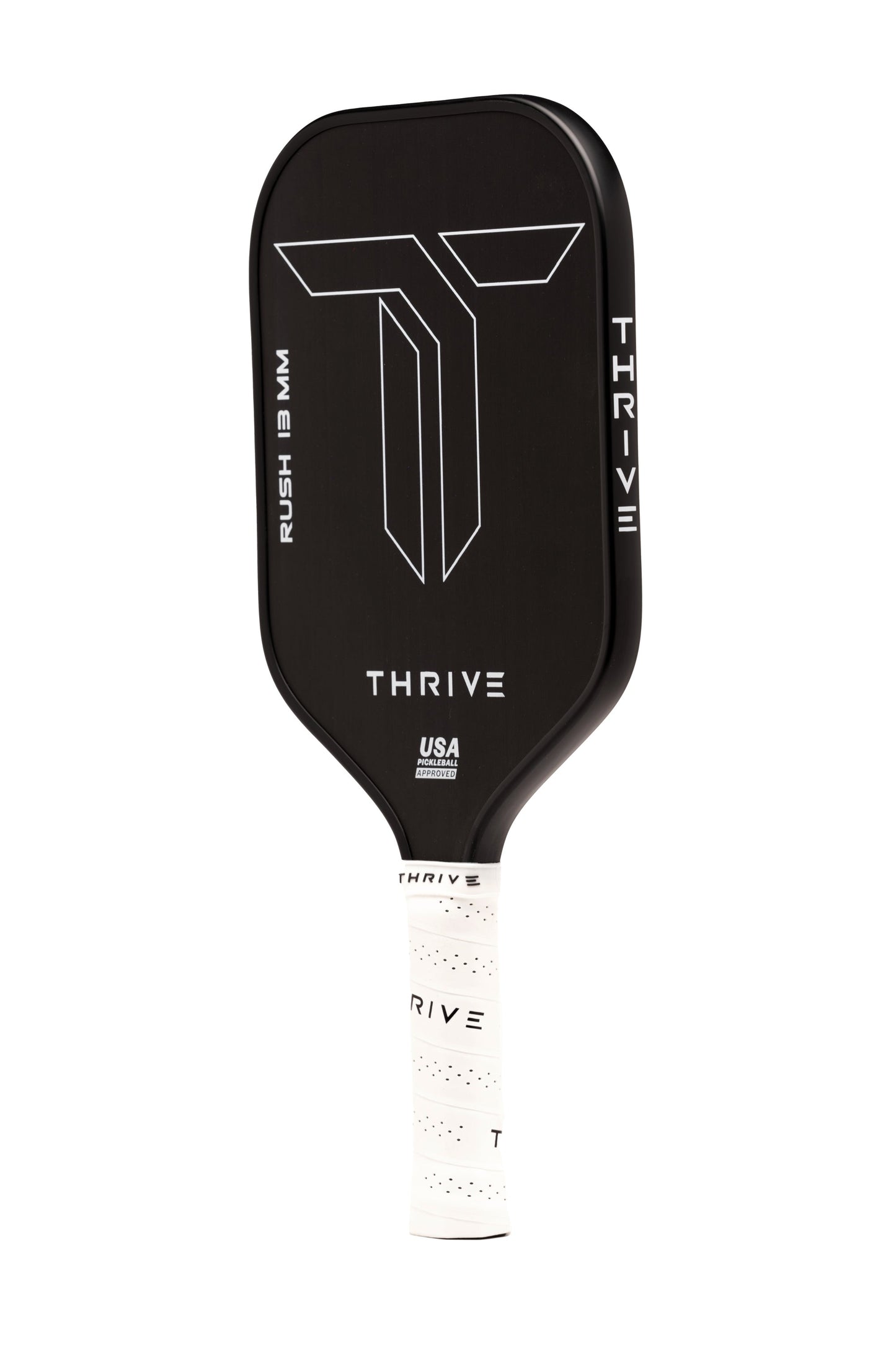 The RUSH 13 paddle by Thrive Pickleball features a black TORAY T700 carbon fiber face, white T logo with "THRIVE," “USA Pickleball Approved” text, RUSH 13 MM on the edge, and a white printed grip. Includes custom weight card, cover, eraser & lead weights.