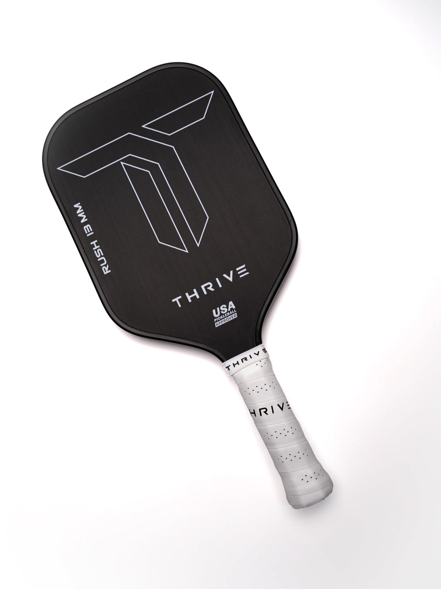 The RUSH 13 by Thrive Pickleball is a black, elongated paddle with a slim 13MM TORAY T700 carbon fiber face, large geometric “T” logo, “THRIVE,” and “USA Pickleball Approved.” Includes custom weight card, cover, eraser & lead weights.