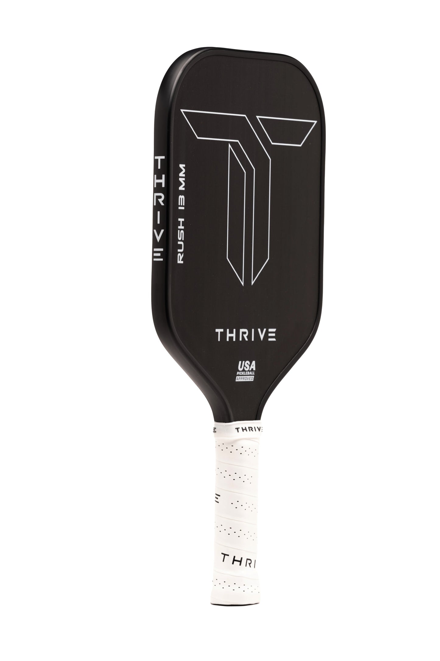 The RUSH 13 by Thrive Pickleball is a black elongated paddle with a white geometric "T" logo, made from TORAY T700 carbon fiber. It features a thin face, white grip tape, and includes weight card, cover, eraser, and lead weights. USA Pickleball Approved.