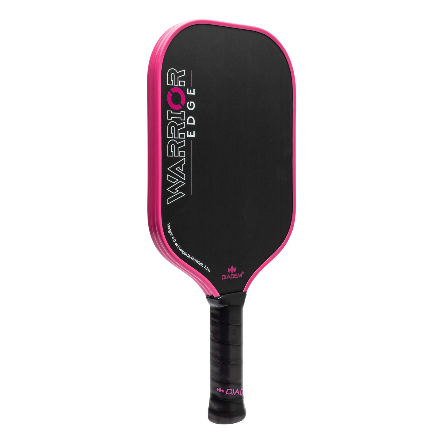 The Diadem Sports Warrior Edge pickleball paddle features a black design with bright pink accents, an etched carbon face, and "WARRIOR EDGE" written vertically. USAPA approved with a black grip tape-wrapped handle.