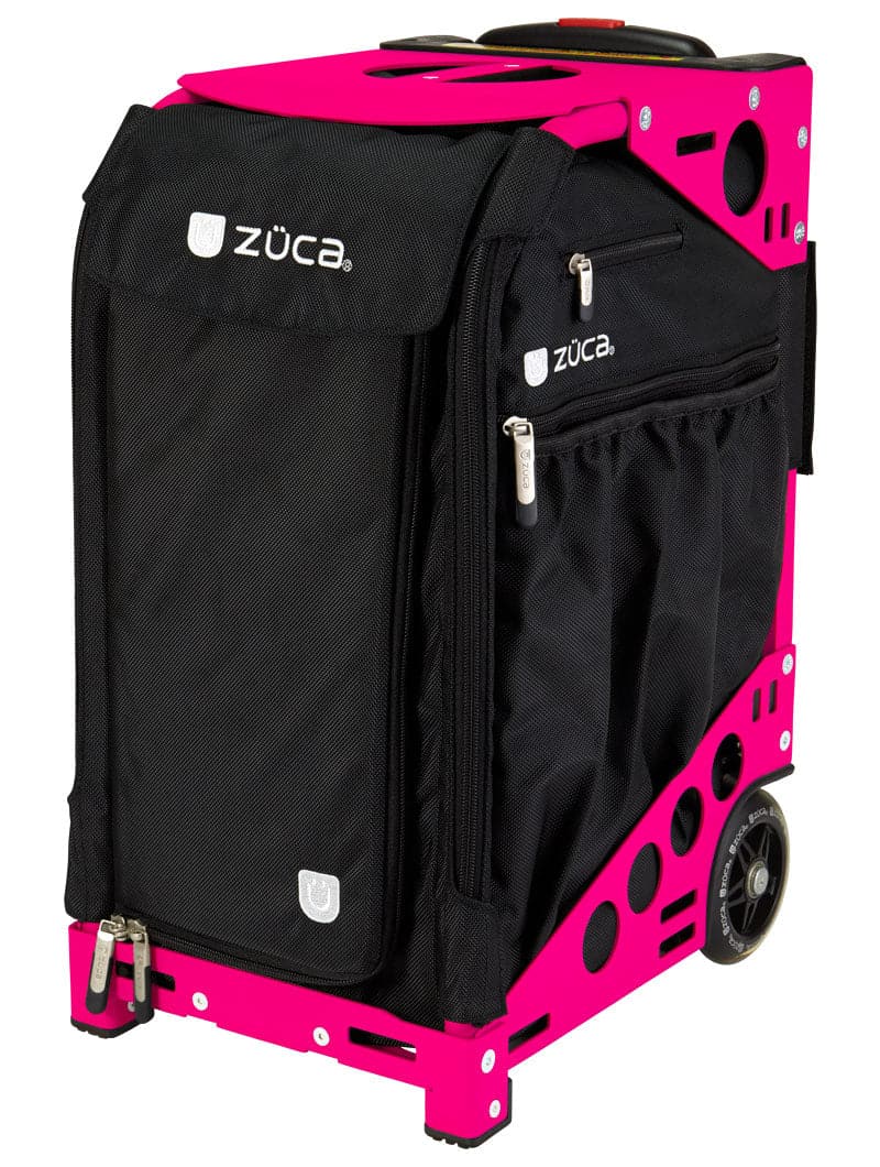The ZUCA Pickleball Pro Black/Black is a stylish rolling bag with a black metal frame, large wheels, zipper pockets, mesh side pocket, and telescoping handle—perfect for pickleball gear. The ZUCA logo appears on the front and side.