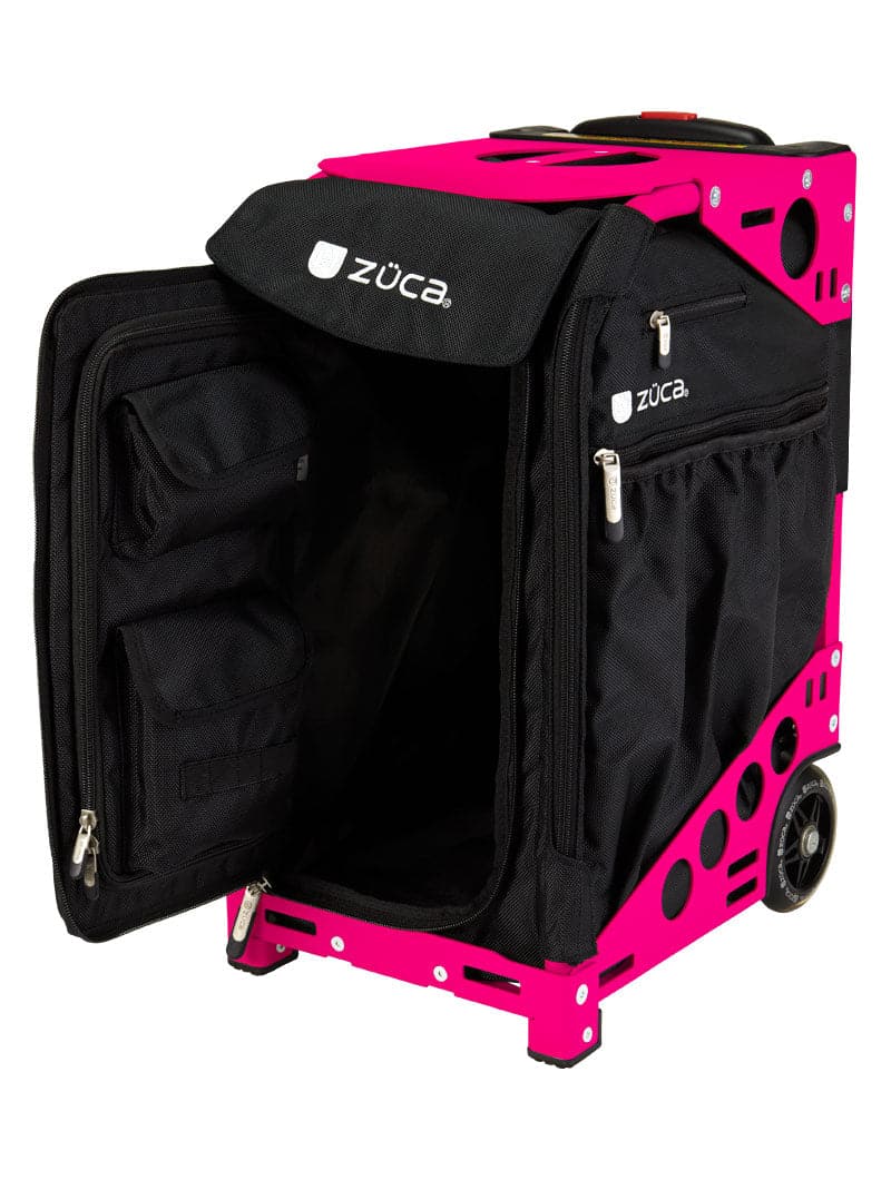 The ZUCA Pickleball Pro Black/Black rolling bag features a sleek black design with organized interior pockets, side pockets, a telescoping handle, and two sturdy wheels for easy pickleball gear storage and transport.