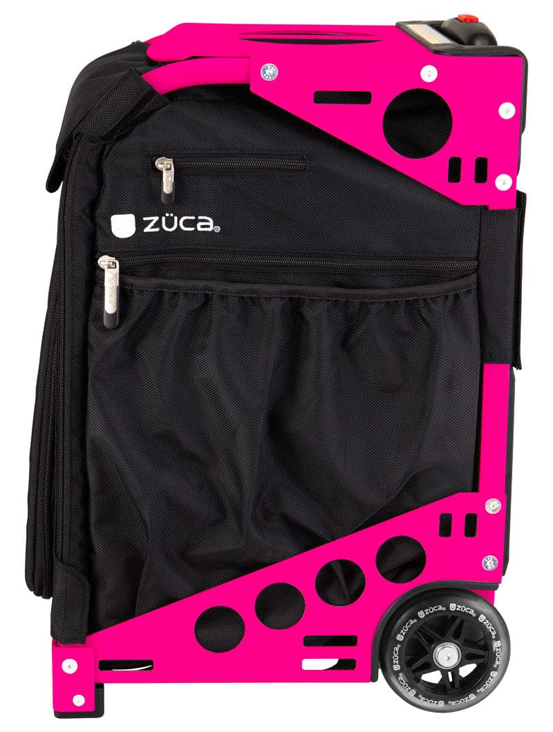 The ZUCA Pickleball Pro Black/Black is a rolling pickleball bag with a robust bright pink metal frame, large black wheels, zippered pockets, mesh side pouches, and modern round cutouts—ideal for organizing your pickleball gear.