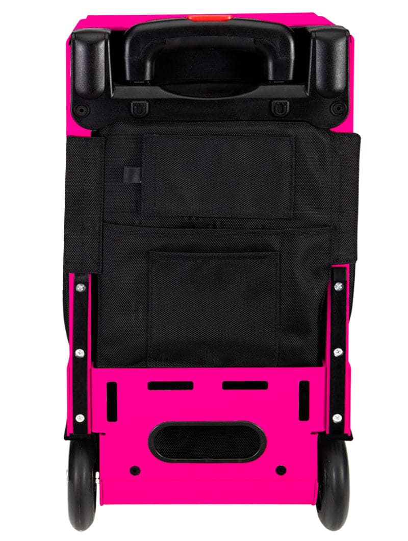 The ZUCA Pickleball Pro Black/Black rolling cart is shown from the back. It features two black wheels, a black handle, and multiple fabric pockets for gear storage, making it ideal as a rolling pickleball bag. Screws and details are visible.
