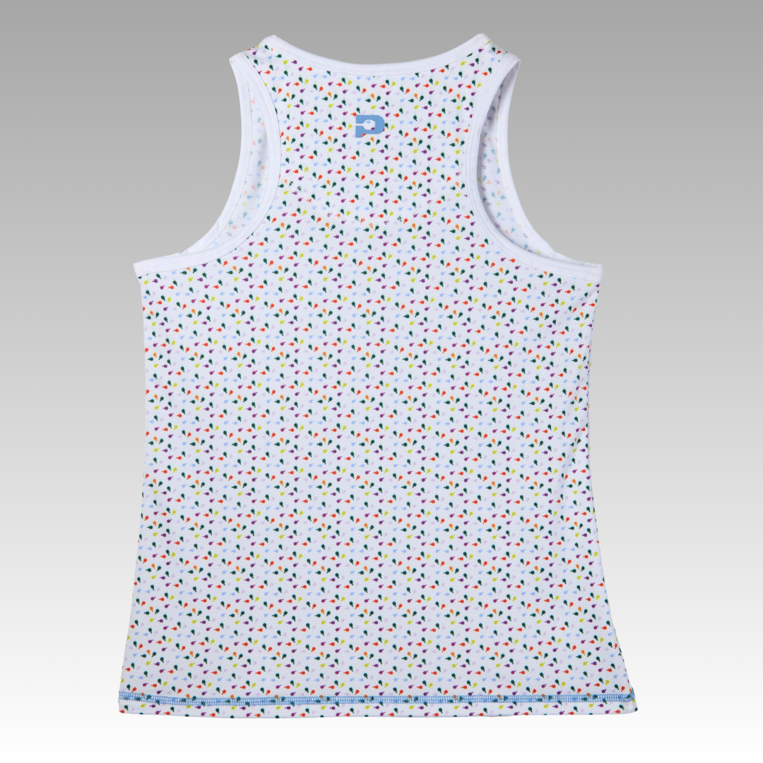 The Playly Store Pretty Tank is displayed flat, back up, showcasing its white athletic mesh with a pattern of small, colorful dots. The sleeveless design is set against a smooth gray gradient background.