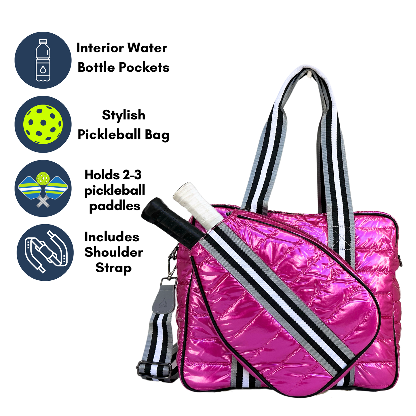 The Queen of the Court Kelsey Pickleball Bag is a shiny pink tote with black and white striped handles and strap, fits 2–3 paddles, has interior water bottle pockets, and combines style with function for ladies on the court.