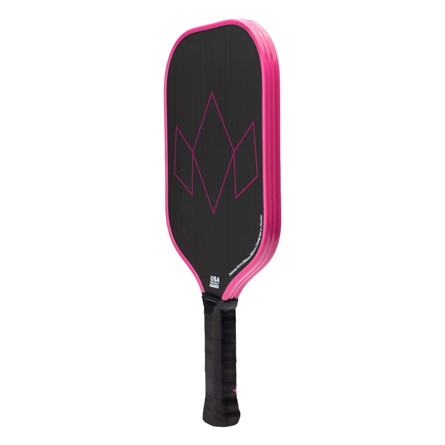 The Diadem Sports Warrior Edge pickleball paddle features a black design with a bright pink edge and grip, a geometric crown-like pink pattern on its etched carbon face, and a black-wrapped handle with a USAPA approved label near the throat.