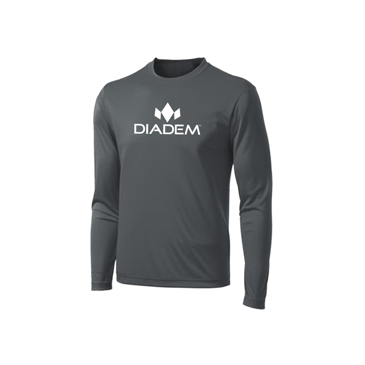 The Diadem Sports Drycore Logo Long Sleeve T-Shirt, shown front angled on a white background, features a dark gray design with crew neckline, bold white "DIADEM" logo and crown on the chest. Moisture-wicking and odor resistant.