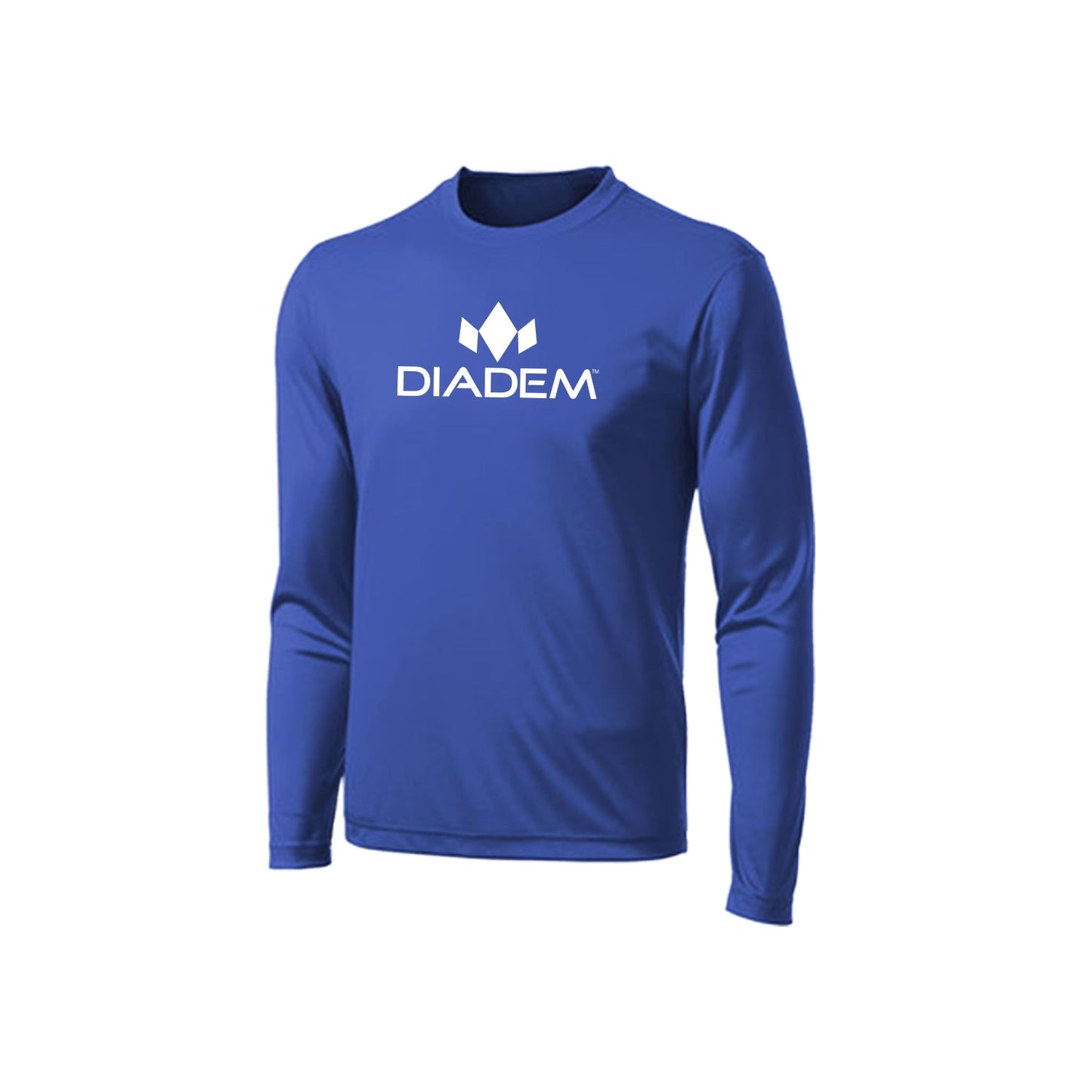 The Diadem Sports Drycore Logo Long Sleeve T-Shirt is a royal blue athletic top with moisture-wicking fabric, crew neck, and bold white DIADEM lettering with crown logo on the chest, shown on a plain white background.
