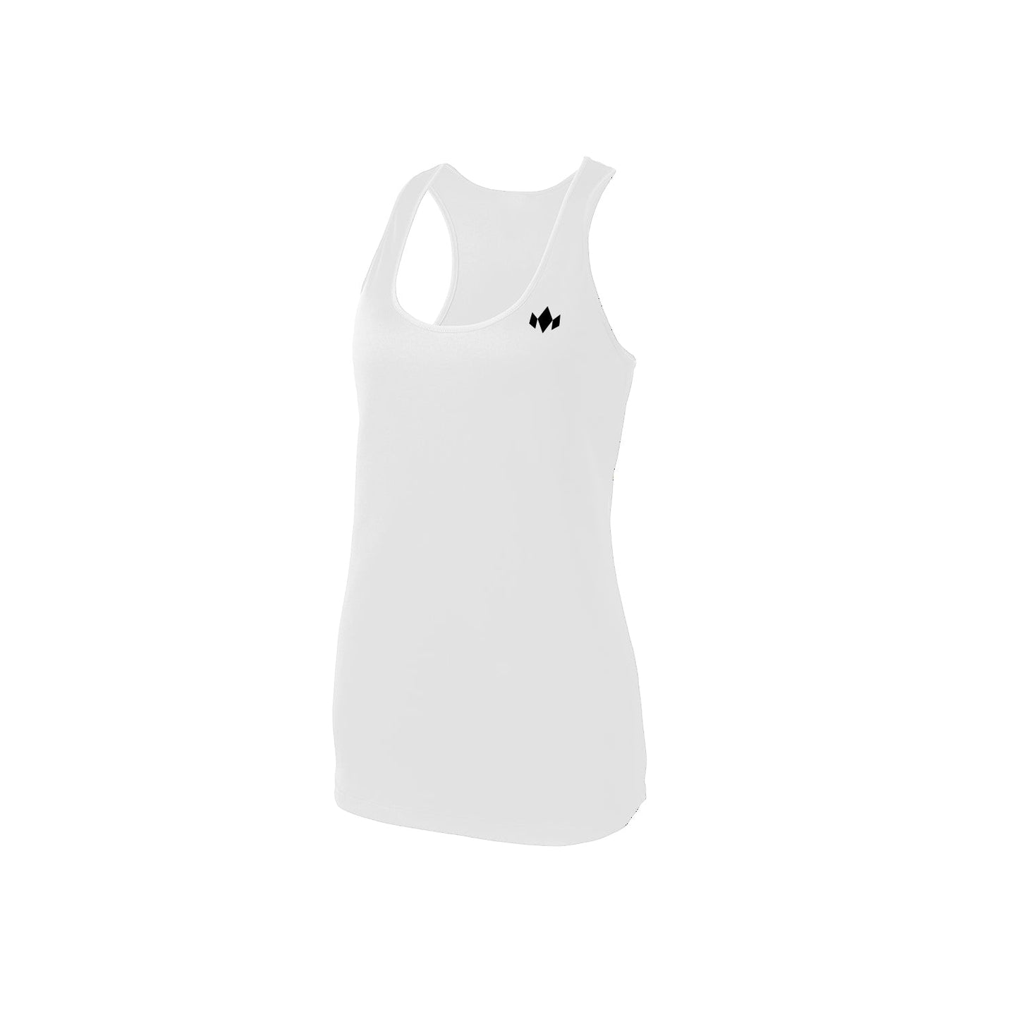 The Diadem Sports Drycore Racerback Tank is shown in white against a plain background. Made of 100% polyester, this moisture-wicking tank features a black double-diamond logo on the upper left chest and a smooth, fitted look.