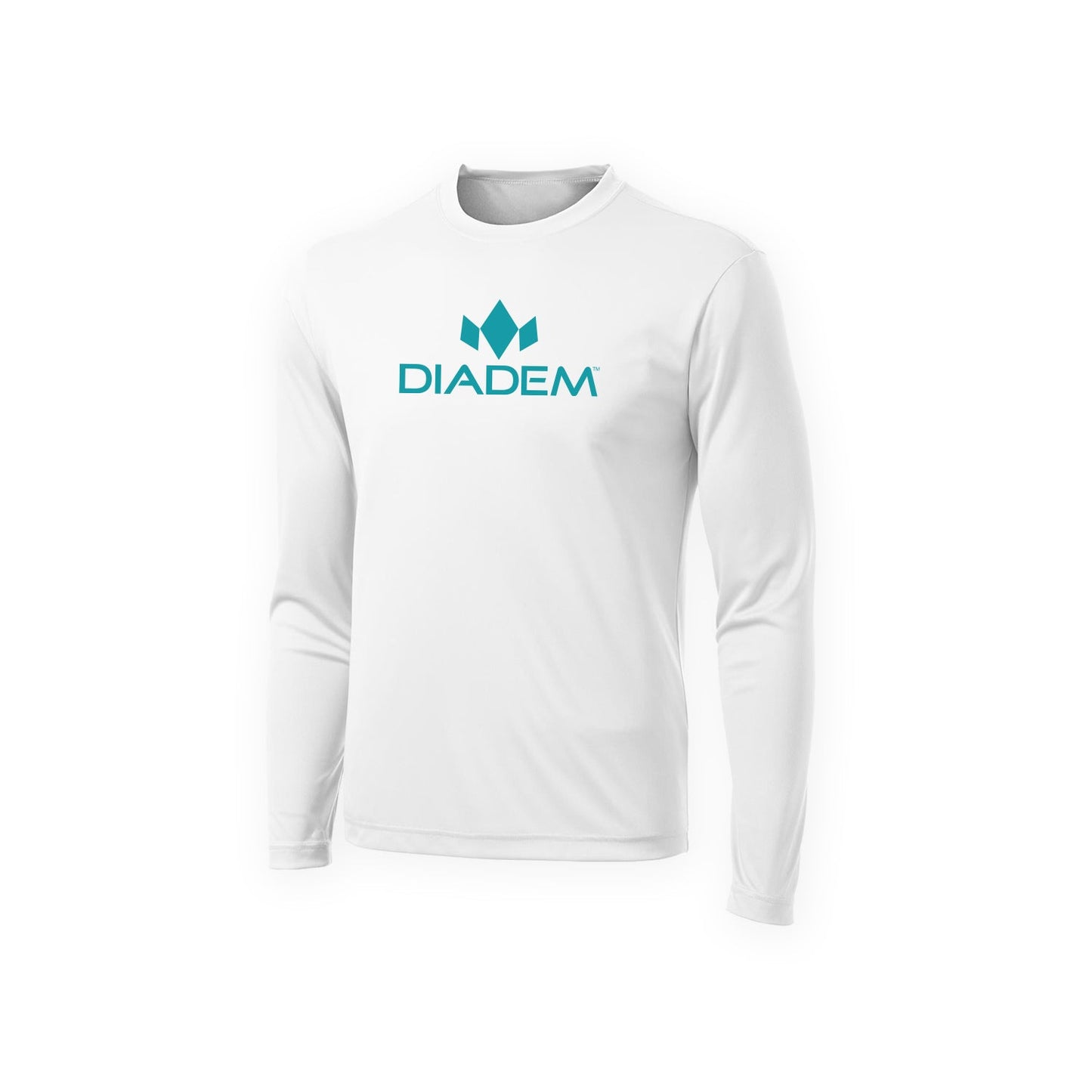A white Diadem Sports Drycore Logo Long Sleeve T-Shirt on a plain background. This slim fit, crew neck shirt features teal blue branding and a geometric crown logo, offering moisture-wicking, odor resistance—perfect for athletic comfort and style.