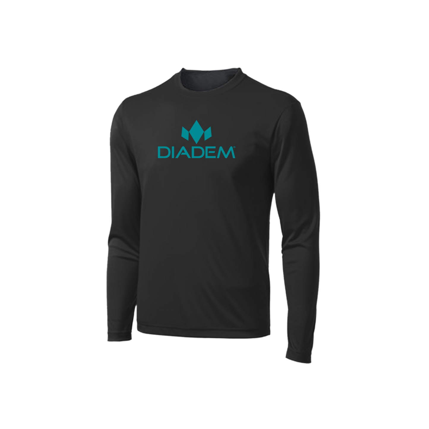 The Diadem Sports Drycore Logo Long Sleeve T-Shirt is plain black with "DIADEM" and a blue crown logo on the chest. Made with moisture-wicking technology, it’s shown front view, angled right, on a white background.