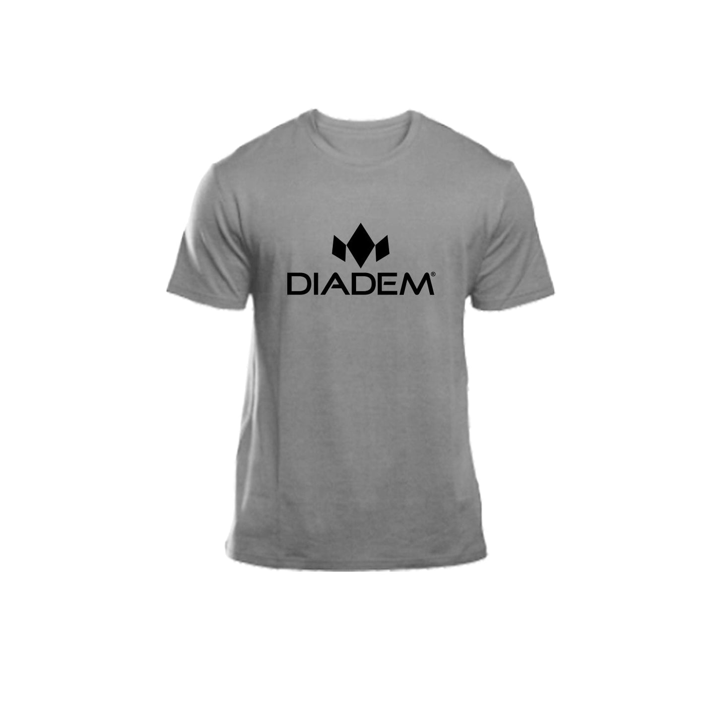 The Diadem Performance T-Shirt by Diadem Sports is shown in plain gray on a white background, featuring a bold black DIADEM logo with a geometric crown emblem centered on the chest. Made from a soft polyester-cotton blend for comfort.