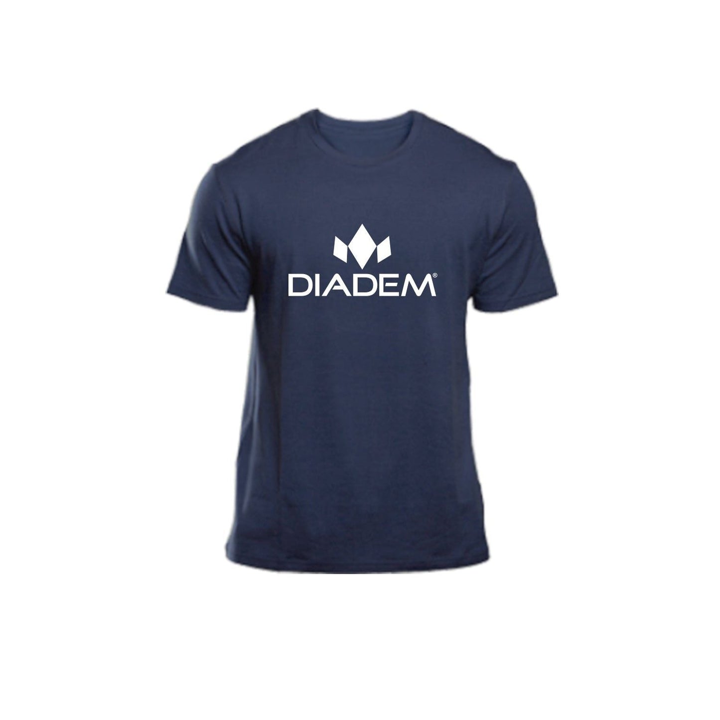 A navy blue Diadem Sports Performance T-Shirt, made from a soft polyester-cotton blend, features a tag-less design and displays “DIADEM” with a white crown logo across the chest on a plain white background.