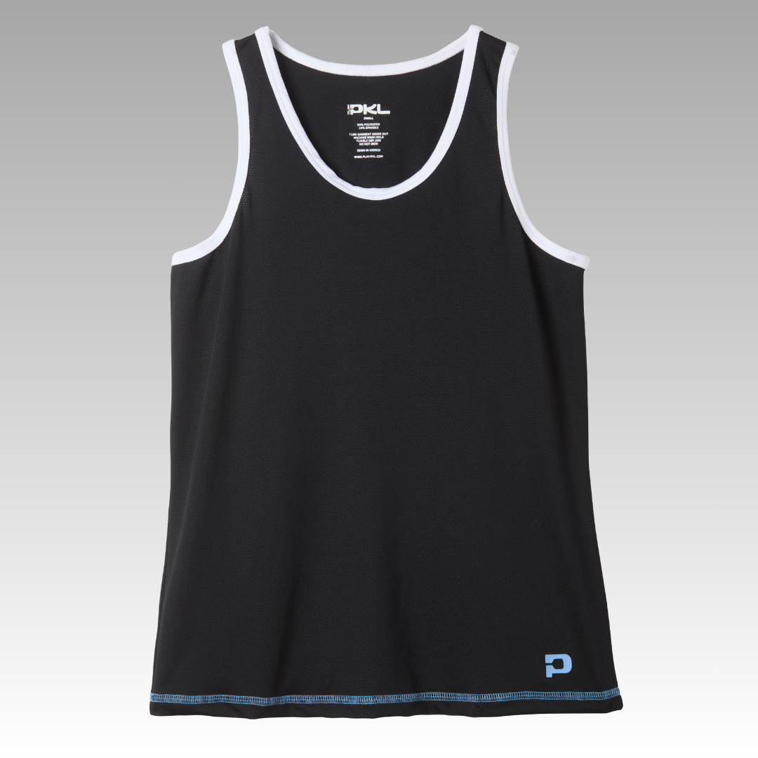 The Playly Store Pretty Tank is a black sleeveless athletic mesh top with white trim and a small blue P logo by the hem. Designed for pickleball, it shows tag and size inside the neckline. Photographed on a light gray background.
