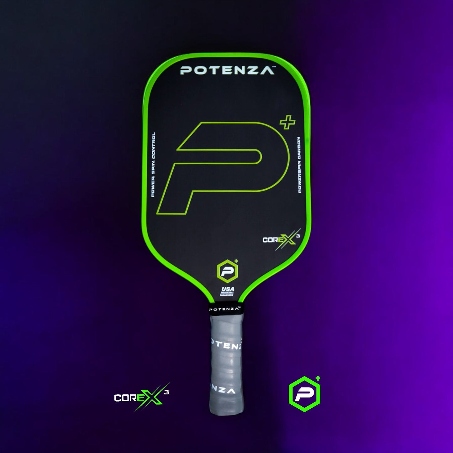 The P+ PowerSpin Carbon COREx3 by Potenza Pickleball features an elongated black carbon fiber face, neon green edge, large P+ logo, and a gray-black handle with POTENZA text, set on a purple-to-blue gradient background with Potenza and CoreX logos.