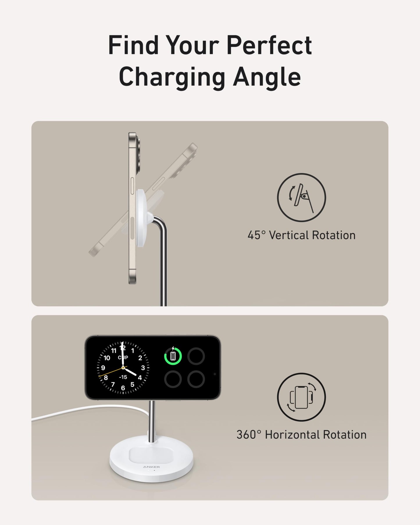 An Anker MagGo Wireless Charger (2-in-1 Stand) BOA securely holds a phone on its white base, showcasing 45° vertical tilt and 360° rotation for flexible viewing angles while charging. The phone screen displays a clock app.