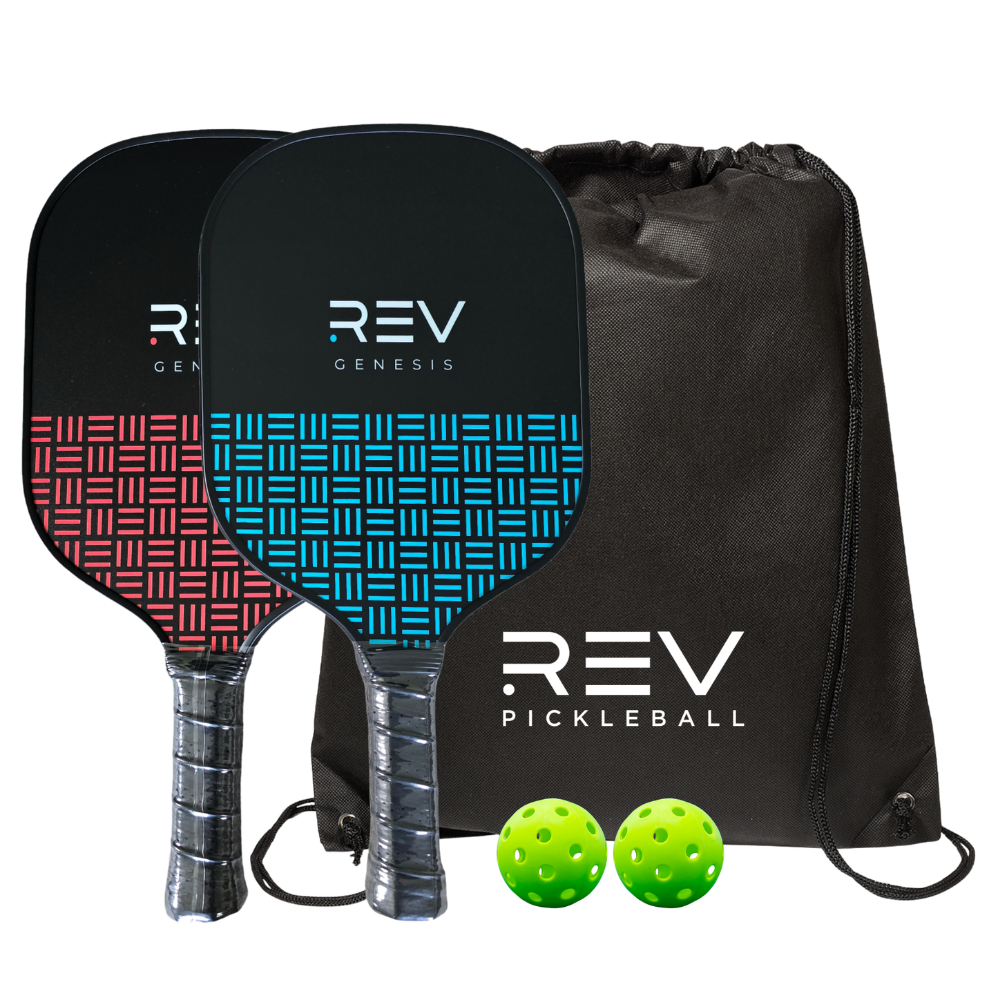 The GENESIS Pickleball Paddle Set by REV Pickleball includes two paddles (one blue, one red), two yellow pickleballs, and a black drawstring bag—perfect for players of any level.
