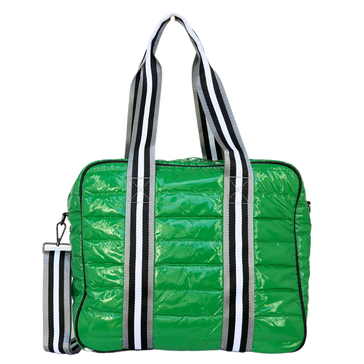 The Queen of the Court Kelsey Pickleball Bag features a shiny bright green quilted design, two long black, white, and gray striped handles, a matching detachable shoulder strap, and visible horizontal stitching on a rectangular silhouette.