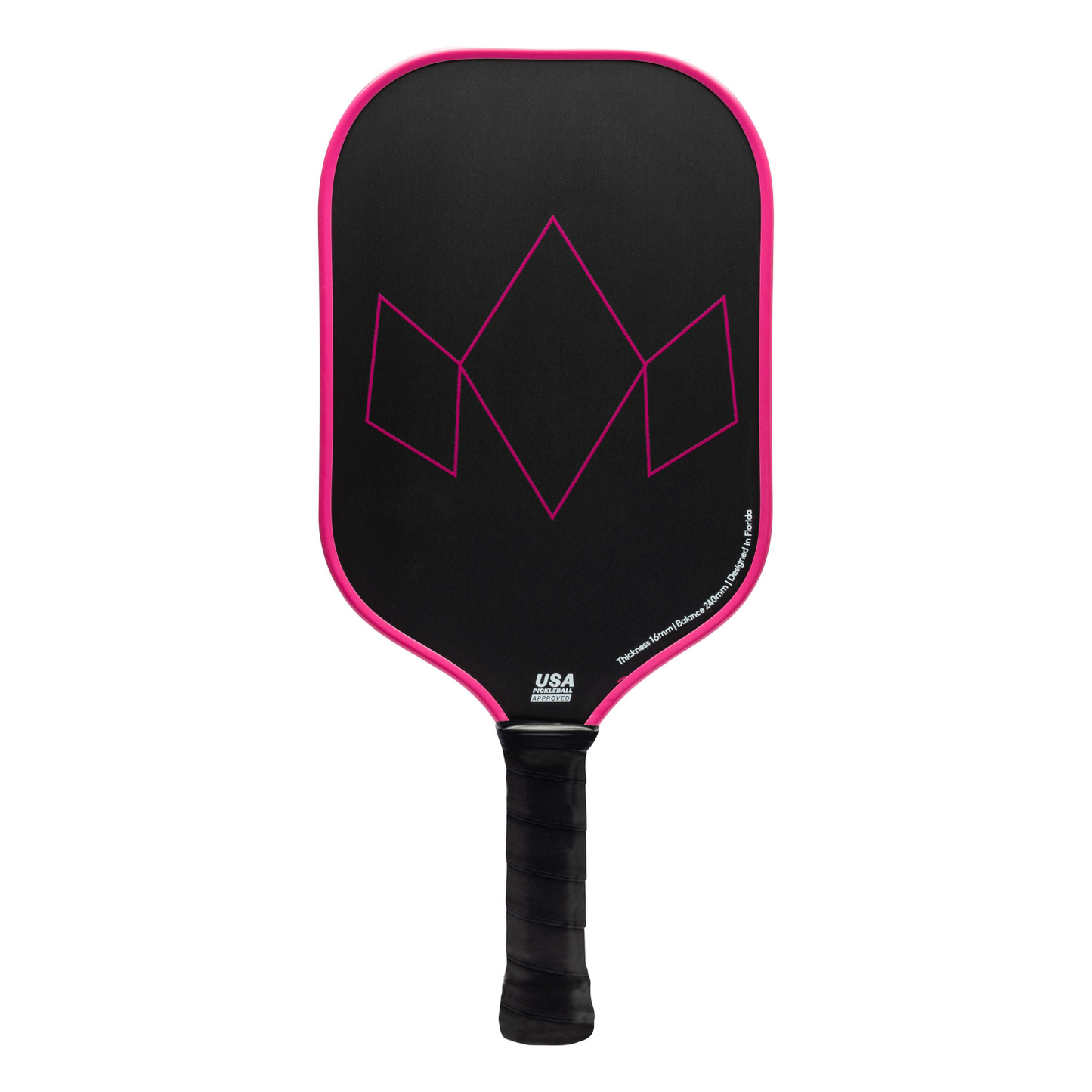The Diadem Sports Warrior Edge pickleball paddle features a black etched carbon face with hot pink geometric diamond outlines, a hot pink edge, and a black grip tape handle with small white text. Shown on a plain white background.