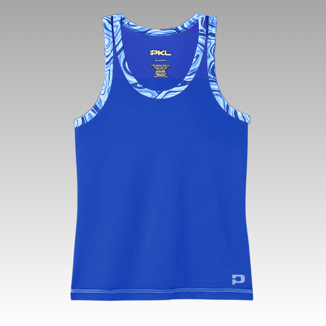 The Playly Store Pretty Tank is a sleeveless athletic mesh pickleball top in solid royal blue with blue and white geometric trim at the neckline and armholes, plus a small “P” logo on the lower left front. Background: smooth gray gradient.