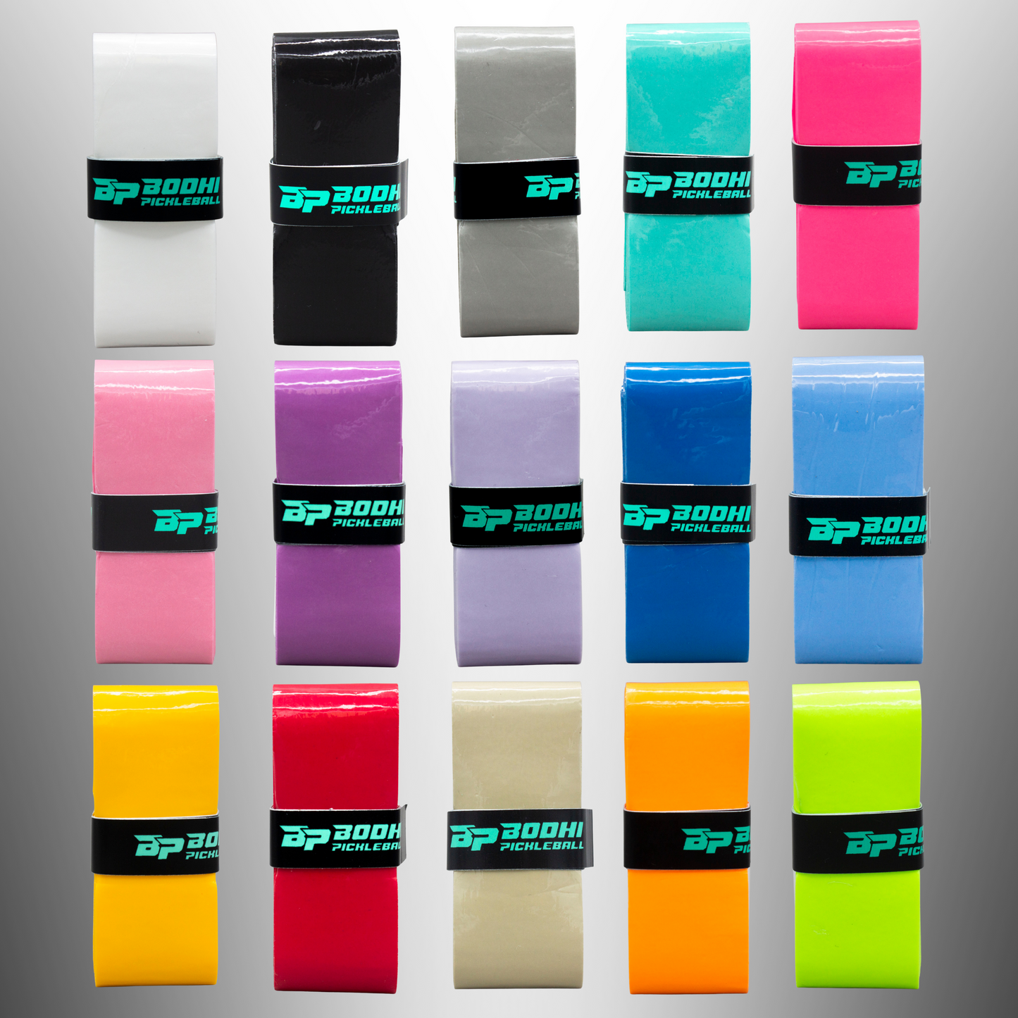 Sixteen PROtack™ Premium Pickleball Overgrips by Bodhi Performance, arranged in a 4x4 grid with assorted colors. Each tacky grip is secured by a band featuring the blue-green Pickleball DP 200H logo on a gradient gray background.