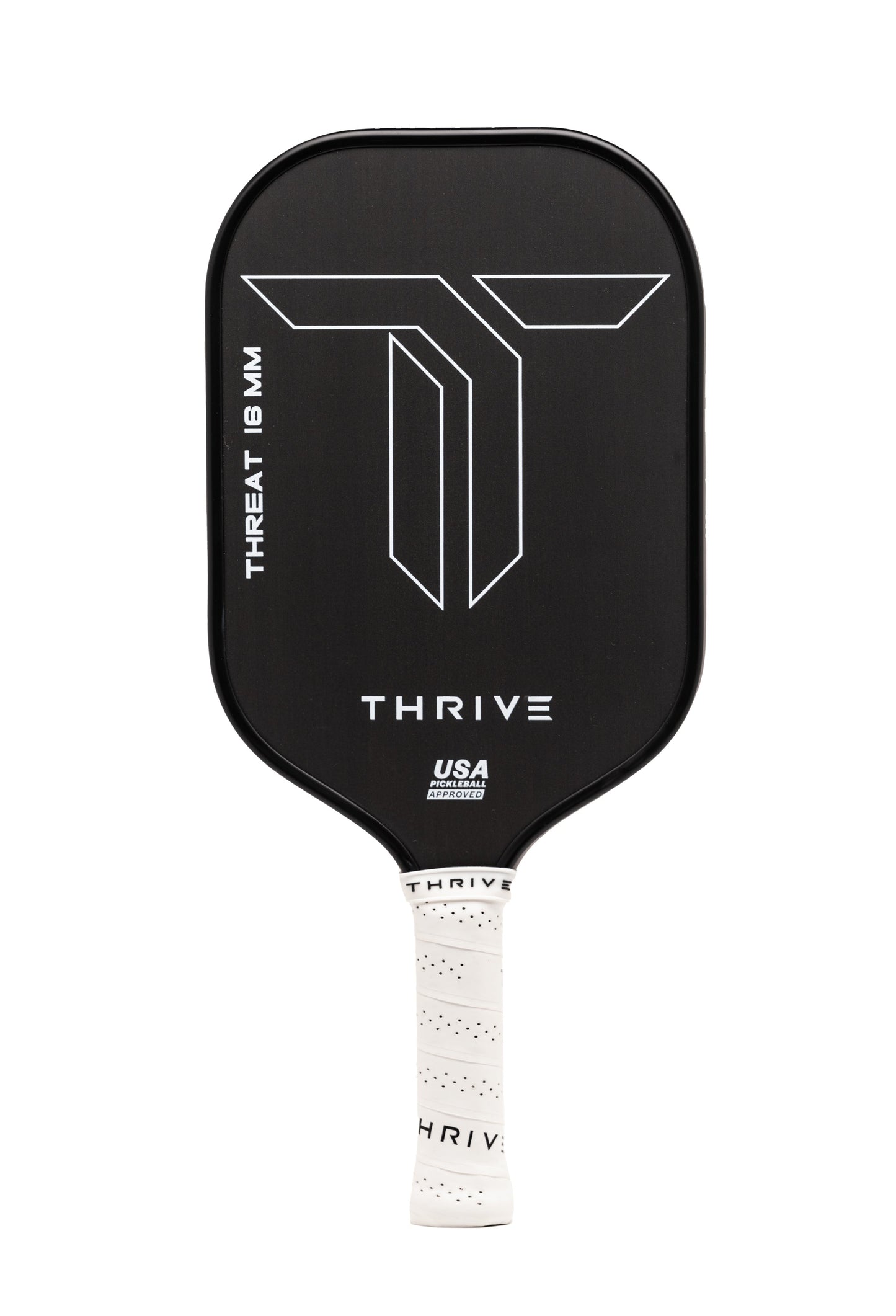 The Thrive Pickleball THREAT 16 is a black carbon fiber paddle featuring a white geometric “T” logo, “THRIVE” and “THREAT 16 MM” text, customizable swing weight, USA Pickleball approval, plus cover, eraser, lead weights, and custom weight card.