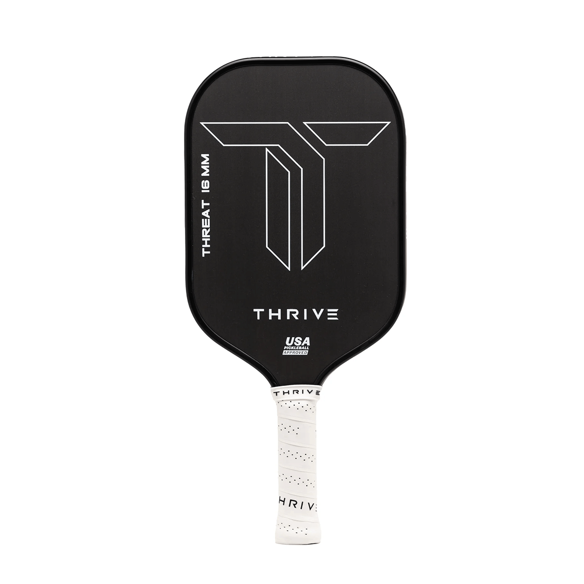 The THREAT 16 by Thrive Pickleball is a black carbon fiber paddle with a large white T logo, "THRIVE" and "THREAT 16 MM" in white, USA certification, and a white grip with black dots. Includes weight card, cover, eraser & lead weights.