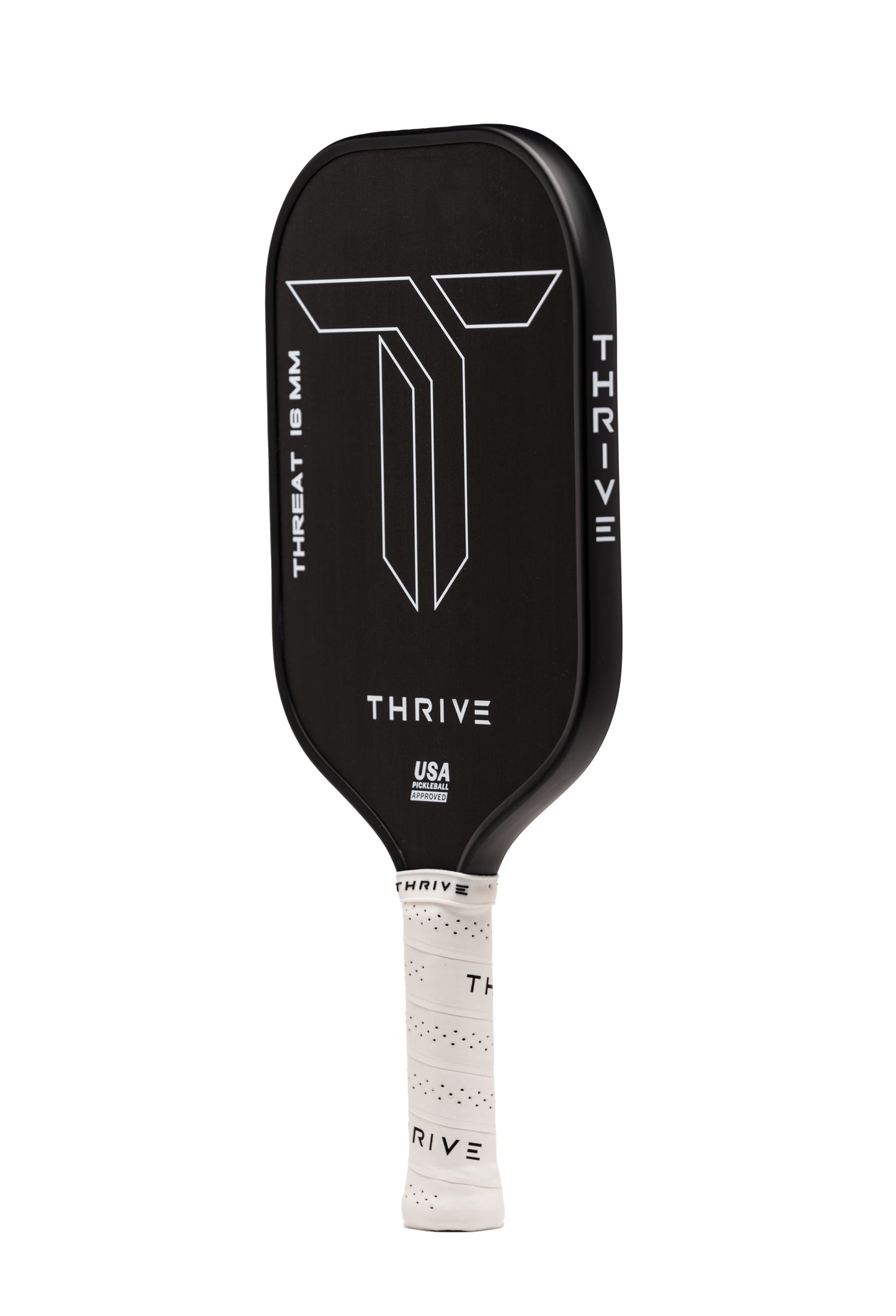 The THREAT 16 by Thrive Pickleball is a black carbon fiber paddle featuring a large white "T" logo, "THRIVE" below, and "THREAT 16 MM" on the edge. It has a white grip with “THRIVE” printed and comes with custom weight card, cover, eraser, and lead weights.