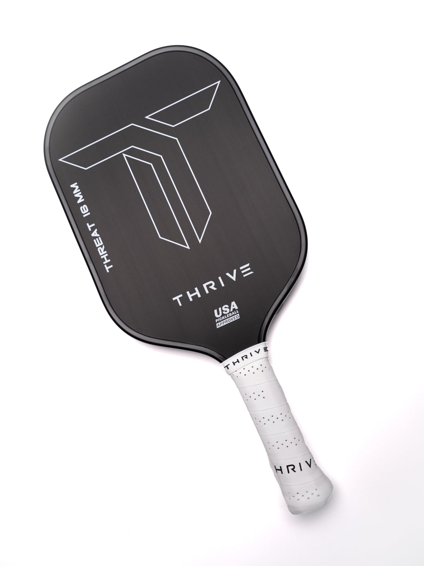 The THREAT 16 from Thrive Pickleball is a black carbon fiber paddle with a bold white T logo and "THRIVE" beneath it. It features a white grip tape with "THRIVE," comes with weight card, cover, eraser, lead weights, and has "THREAT 16 MM" on the edge.