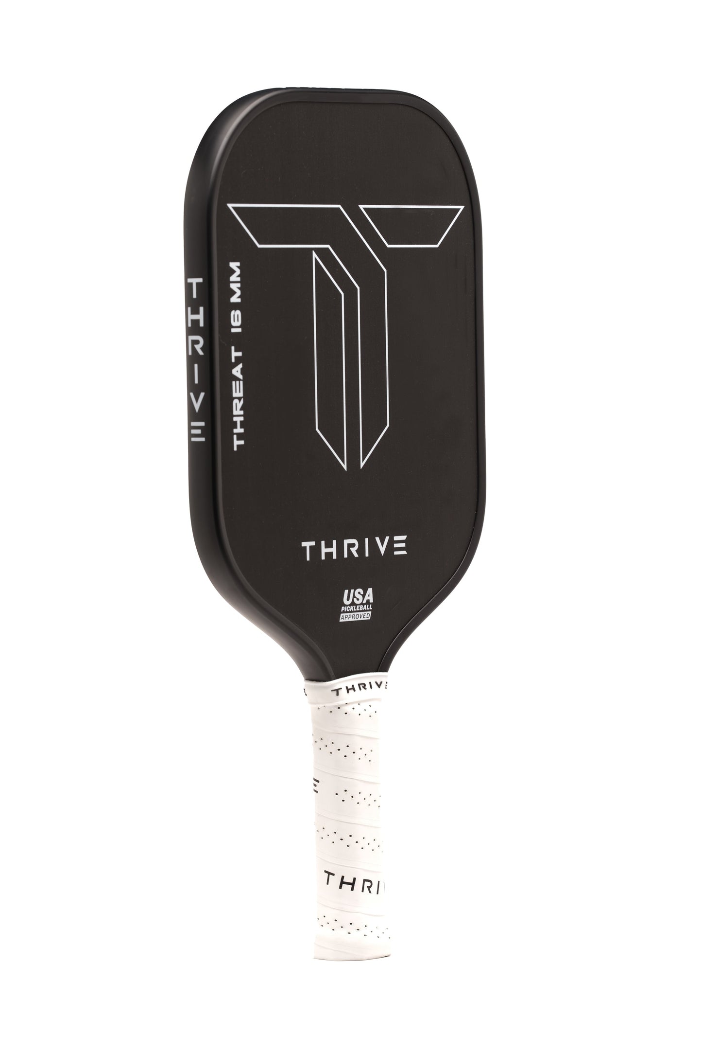 The THREAT 16 by Thrive Pickleball is a black carbon fiber paddle with a white geometric logo, “THRIVE” text, and white grip wrap. Includes custom weight card, paddle cover, eraser, lead weights, and “USA Pickleball Approved” label.