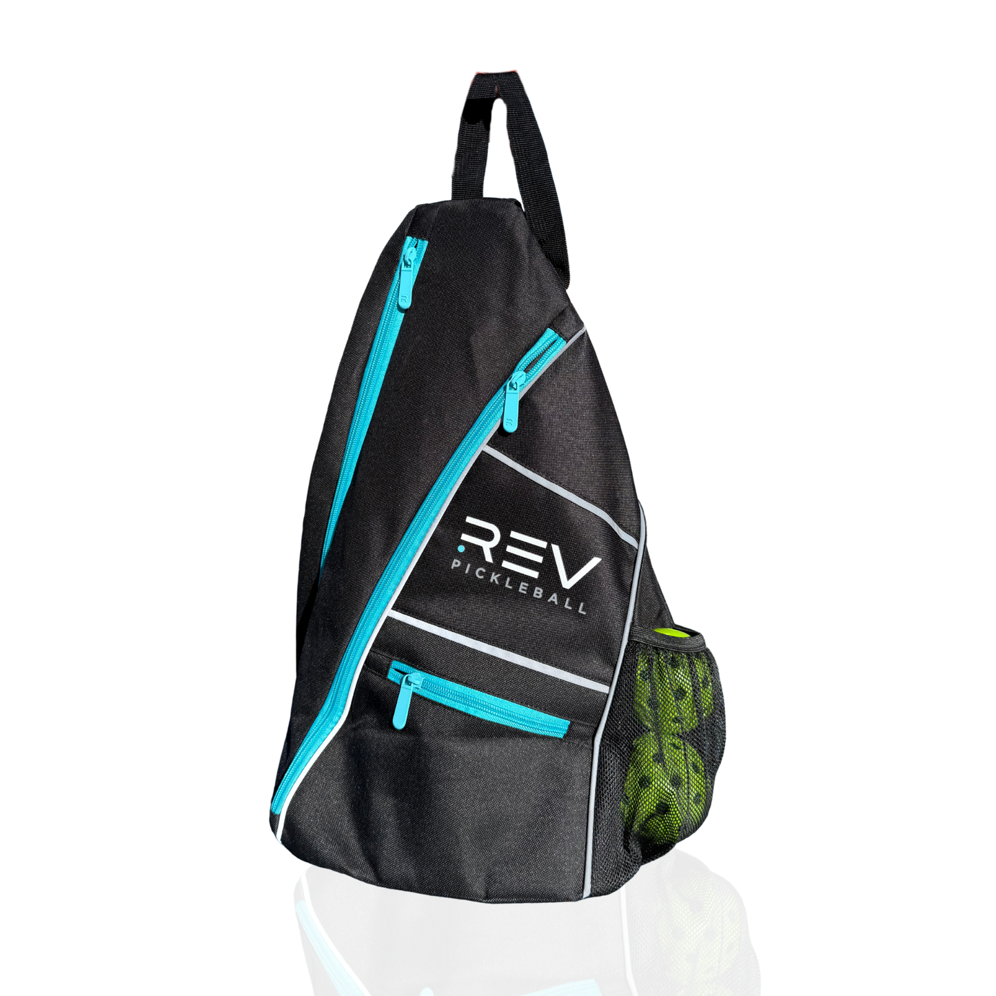 The ELITE Paddle Bag by REV Pickleball is a black sling court gear bag with blue zippers, diagonal white lines, and a white logo. Multiple zippered compartments and a mesh pocket for carrying three yellow pickleballs hold your essentials.