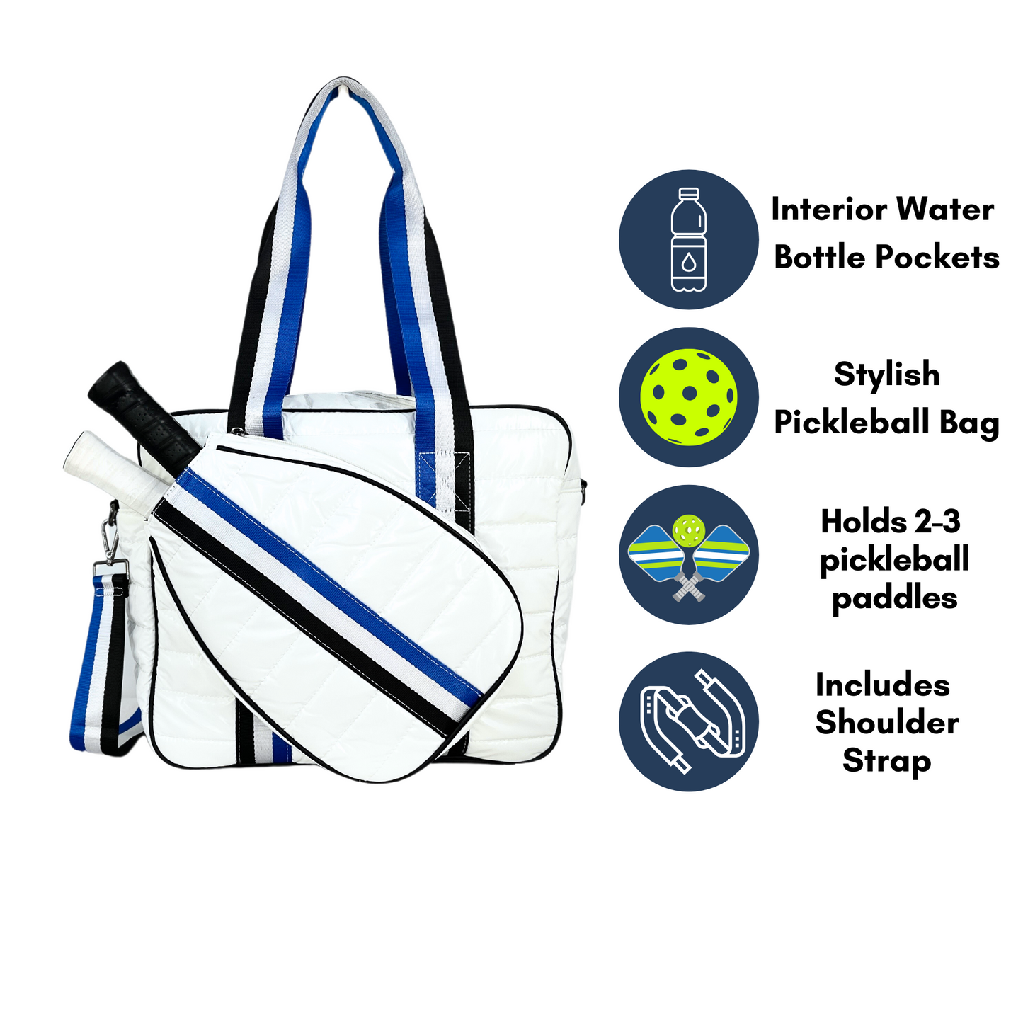 The Queen of the Court Kelsey Pickleball Bag features a stylish white quilted design, blue and black striped handles, room for 2-3 paddles, interior water bottle pockets, and a convenient shoulder strap.