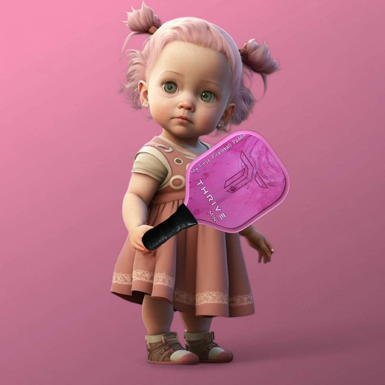 A young girl with pink pigtails in a peach dress stands on a pink background, holding the Thrive Mini Baby Paddle by Thrive Pickleball. Her curious, gentle look makes this scene perfect inspiration for a unique baby gift or newborn keepsake.