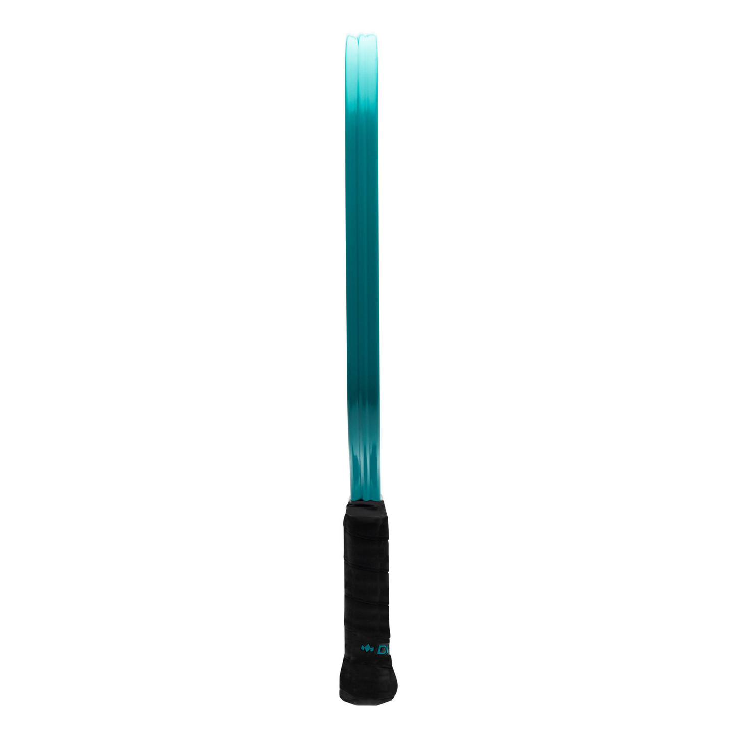 A Diadem Sports Warrior Edge pickleball paddle stands vertically, handle down, with its slim blue frame and black grip forming a minimal silhouette against a white background.