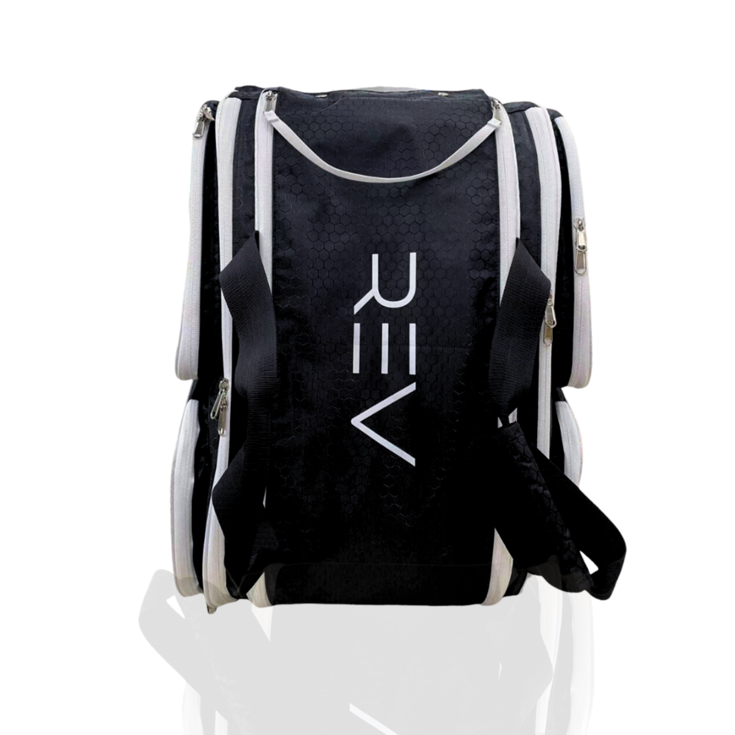 The PRO Player Pickleball Bag by REV Pickleball is black with white zippers and accents, "REV" in bold white letters, insulated paddle compartments, multiple gear sections, two black shoulder straps, and stands upright on a white background.