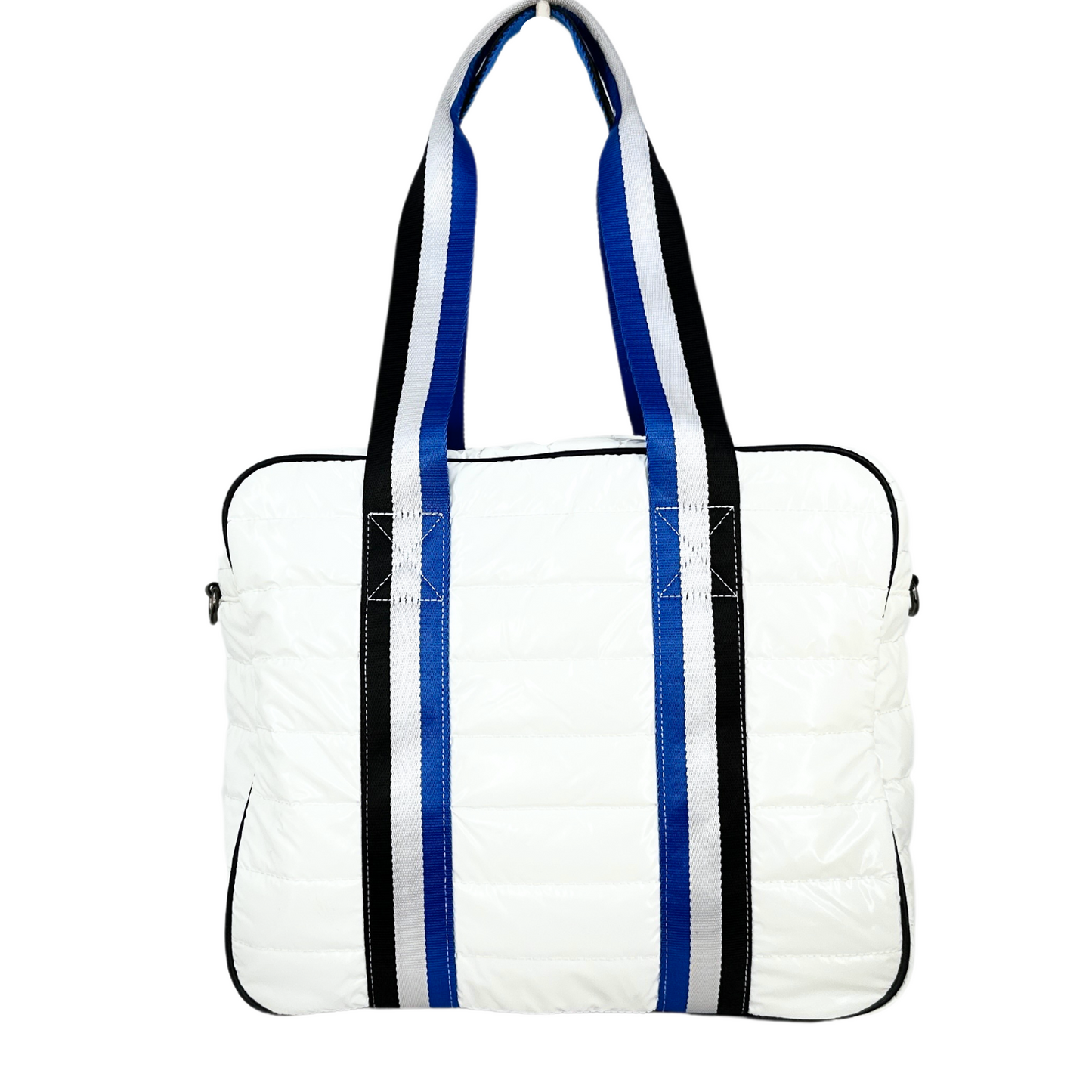 The Kelsey Pickleball Bag by Queen of the Court is a glossy white quilted ladies bag with double shoulder straps in white, blue, and black. It has rounded corners, black piping, minimal detailing, and sits on a plain white background.