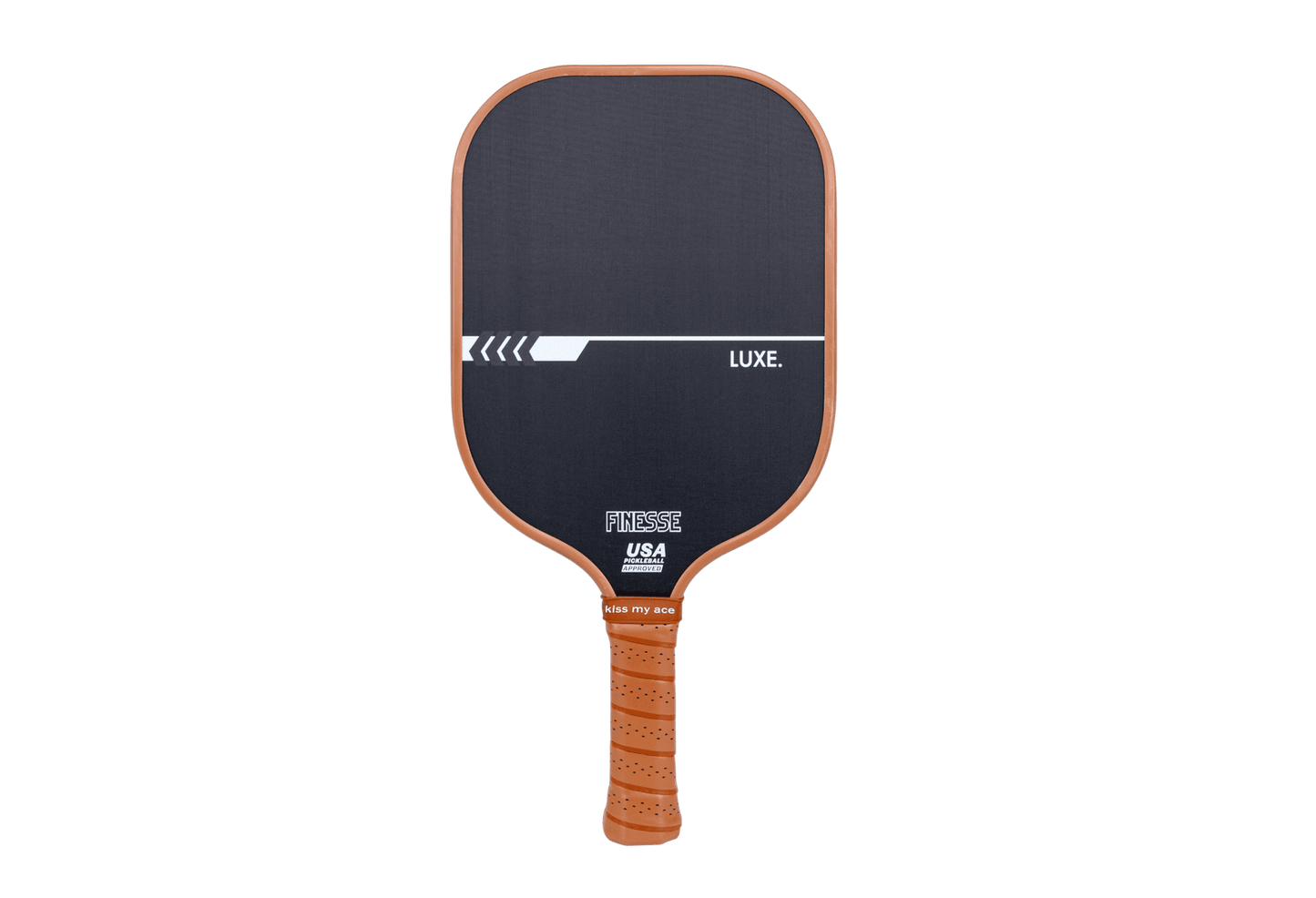 The Finesse by LUXE Pickleball is a black carbon fiber paddle with a brown textured handle, white horizontal stripe, arrow graphics, and “LUXE., FINESSE, USA” on a gray face—designed for ultimate control.