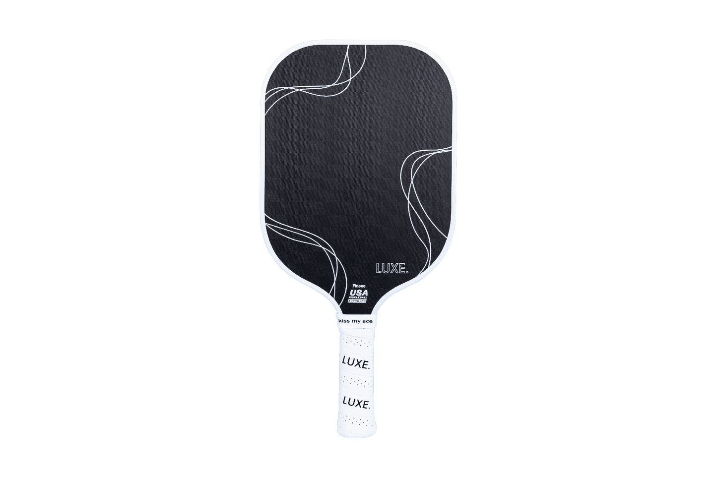 The Finesse by LUXE Pickleball is a black carbon fiber paddle with white abstract lines, a white edge and handle, and "LUXE." plus "USA Pickleball Approved" near the throat, designed to deliver ultimate control for your game.