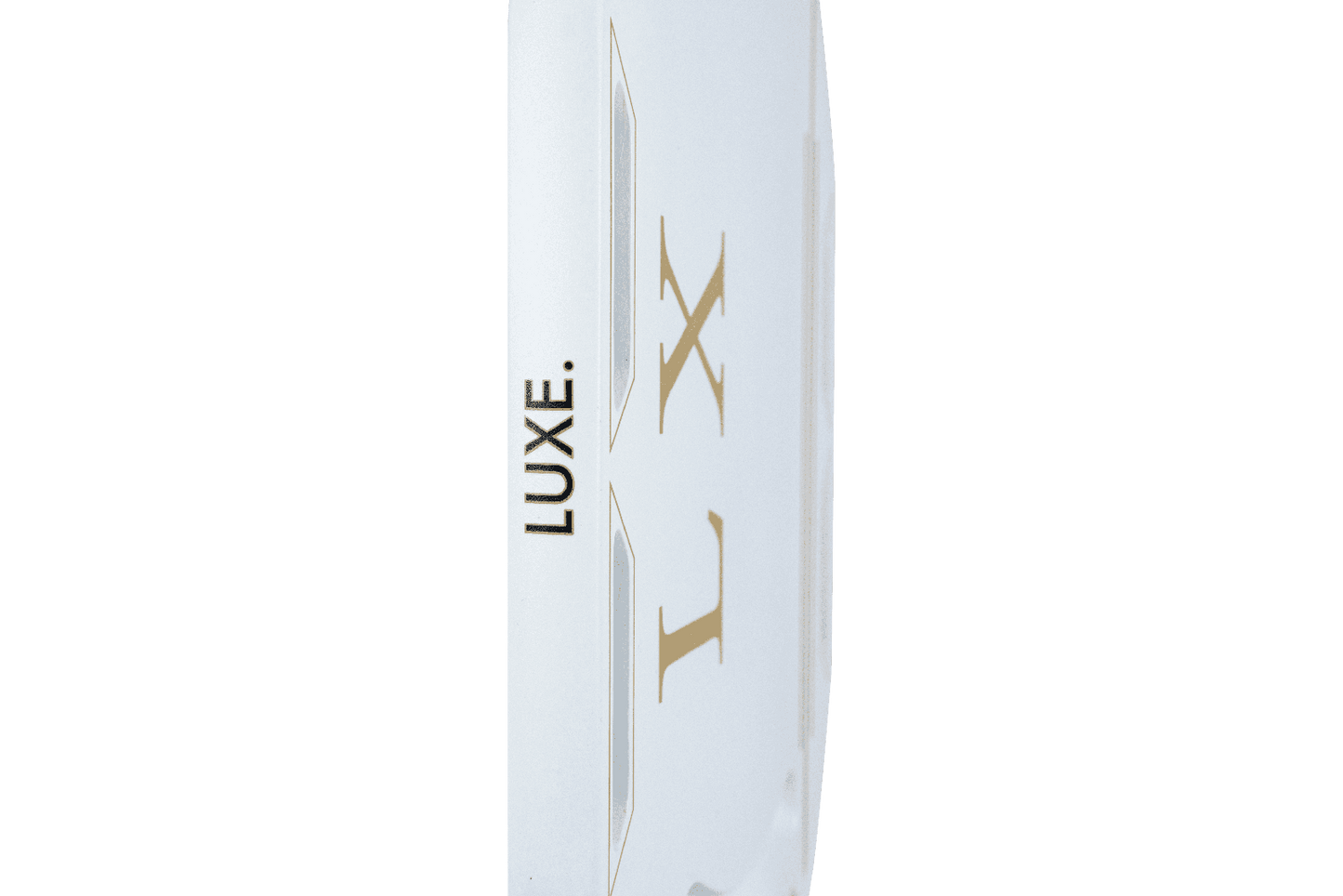 The LX by LUXE Pickleball is a lightweight white carbon fiber paddle featuring gold “LUXE.” on the edge and bold gold “LX” initials on the front. USA Pickleball approved, shown against a plain light background.