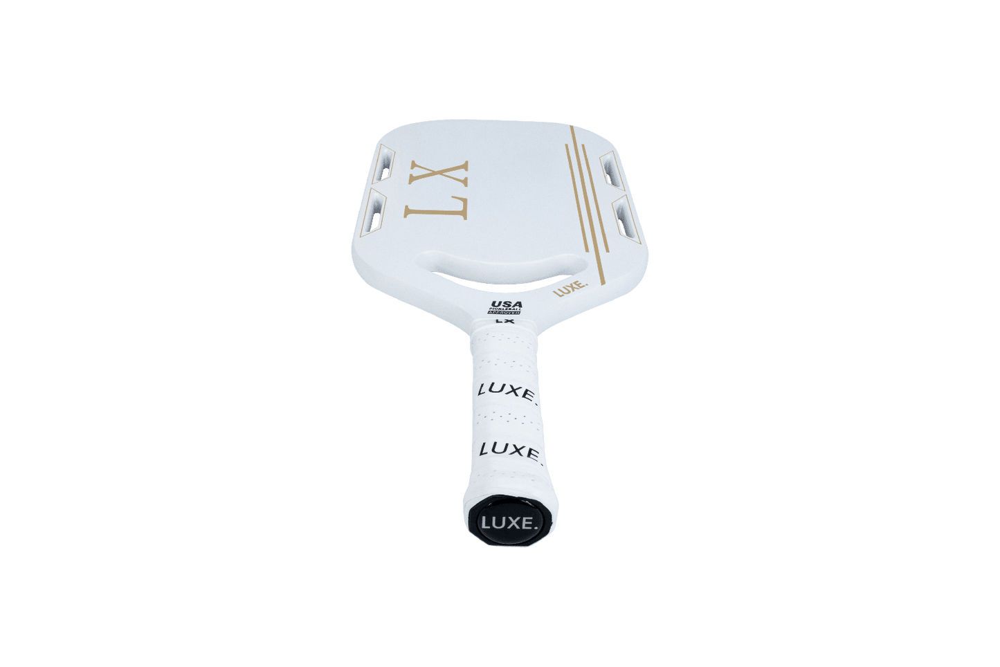The LUXE Pickleball LX paddle is lightweight, USA Pickleball approved, with gold LX accents. It features a carbon fiber face and textured white LUXE grip tape for a sleek, modern look on a plain white background.