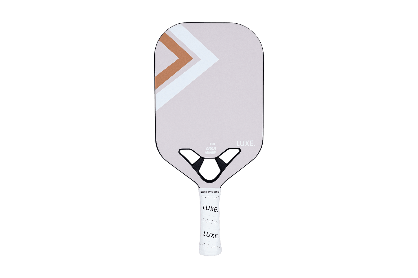 The Draft by LUXE Pickleball is a modern carbon fiber paddle with a rounded rectangular face, angled white, brown, and tan stripes on light gray, and a white grip wrapped handle with "LUXE." printed in black. Sleek minimalism meets advanced materials.